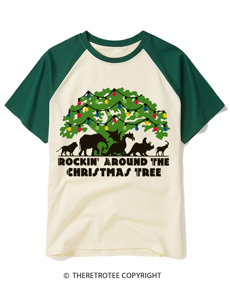 TheRetroTee 1950s Christmas Dinosaur Raglan Baseball T-Shirt