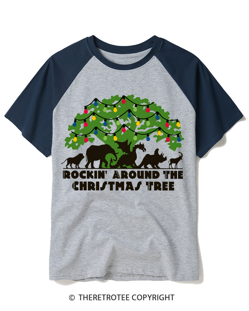 TheRetroTee 1950s Christmas Dinosaur Raglan Baseball T-Shirt
