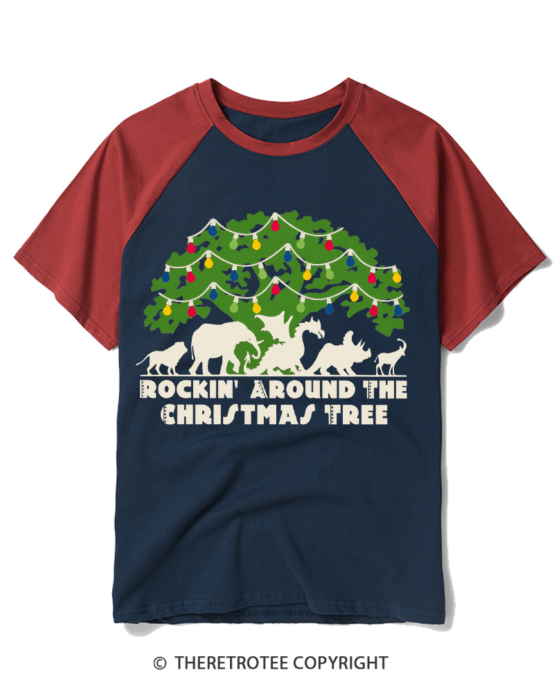 TheRetroTee 1950s Christmas Dinosaur Raglan Baseball T-Shirt