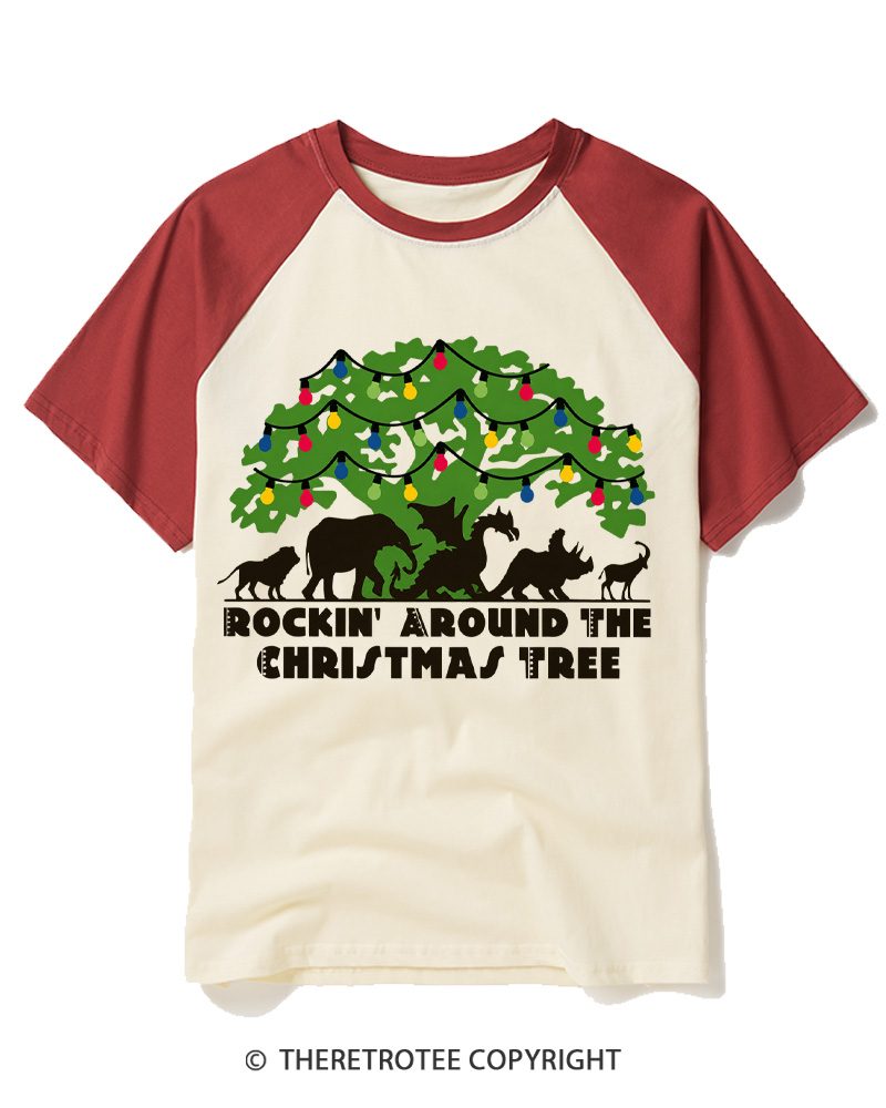 TheRetroTee 1950s Christmas Dinosaur Raglan Baseball T-Shirt