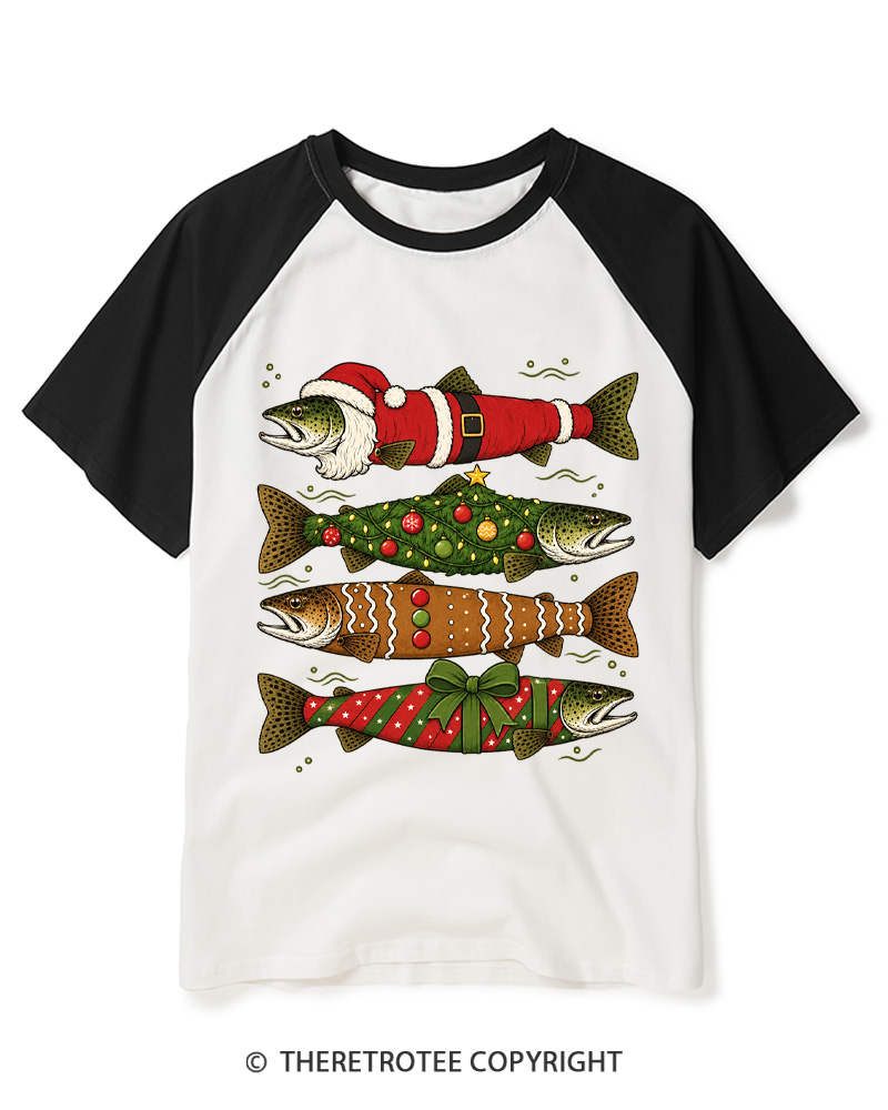 TheRetroTee Christmas Trout Fishing Raglan Baseball T-Shirt