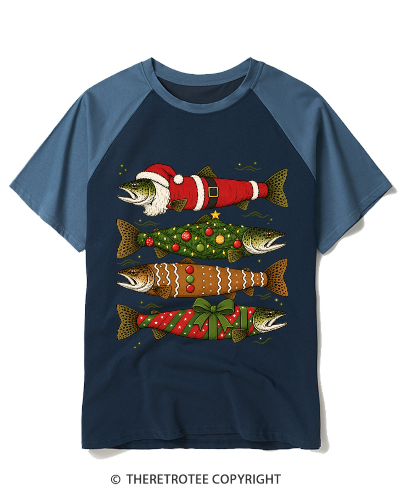 TheRetroTee Christmas Trout Fishing Raglan Baseball T-Shirt