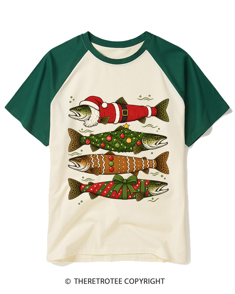 TheRetroTee Christmas Trout Fishing Raglan Baseball T-Shirt