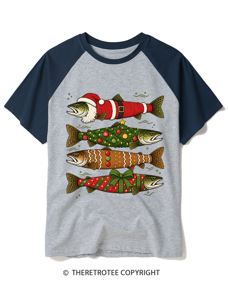 TheRetroTee Christmas Trout Fishing Raglan Baseball T-Shirt