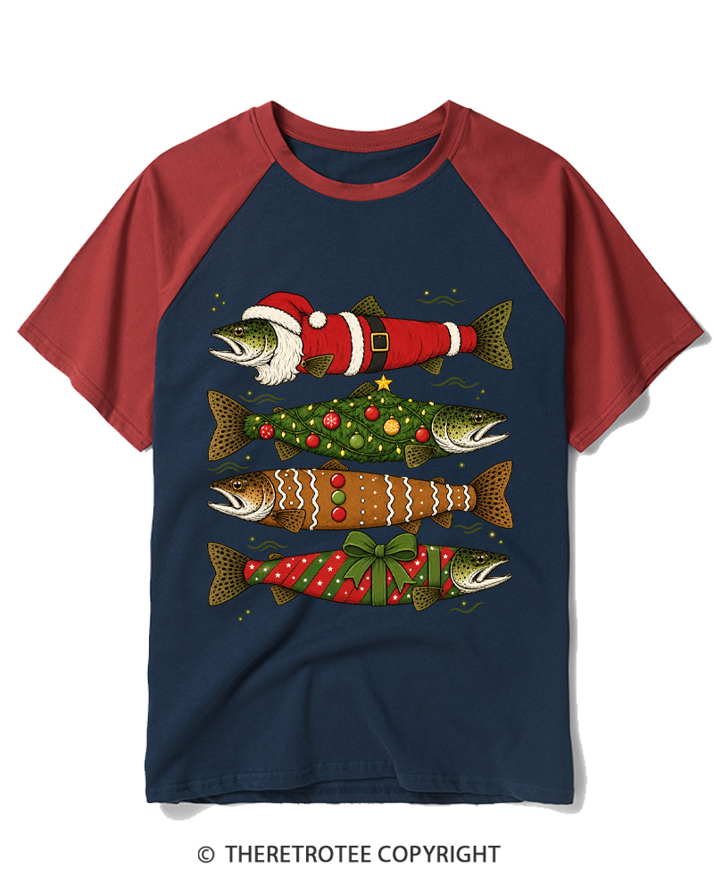 TheRetroTee Christmas Trout Fishing Raglan Baseball T-Shirt