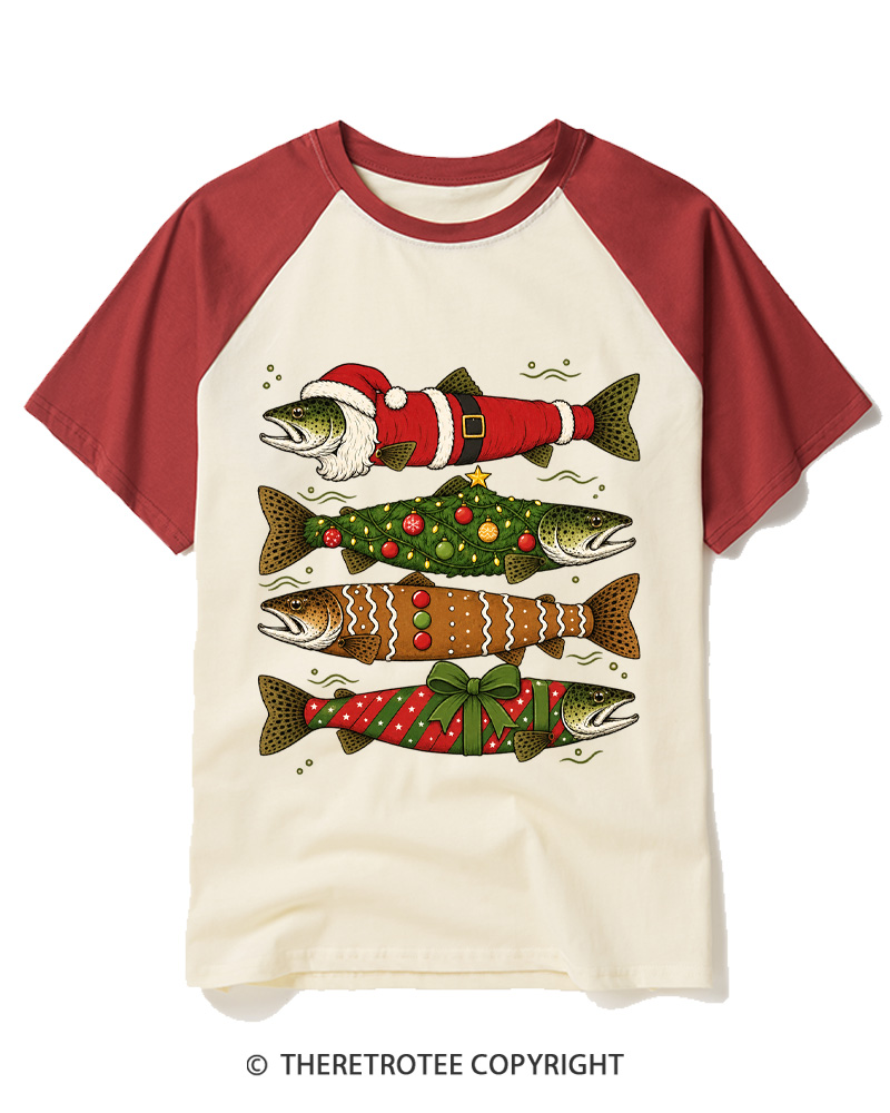 TheRetroTee Christmas Trout Fishing Raglan Baseball T-Shirt