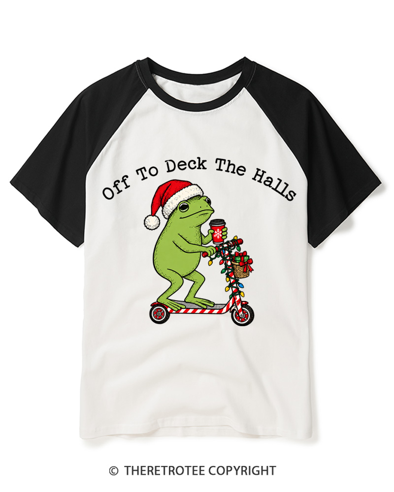 TheRetroTee Off to Deck the Halls Christmas Frog Raglan Baseball T-Shirt