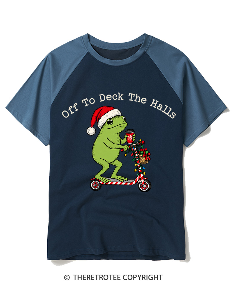 TheRetroTee Off to Deck the Halls Christmas Frog Raglan Baseball T-Shirt