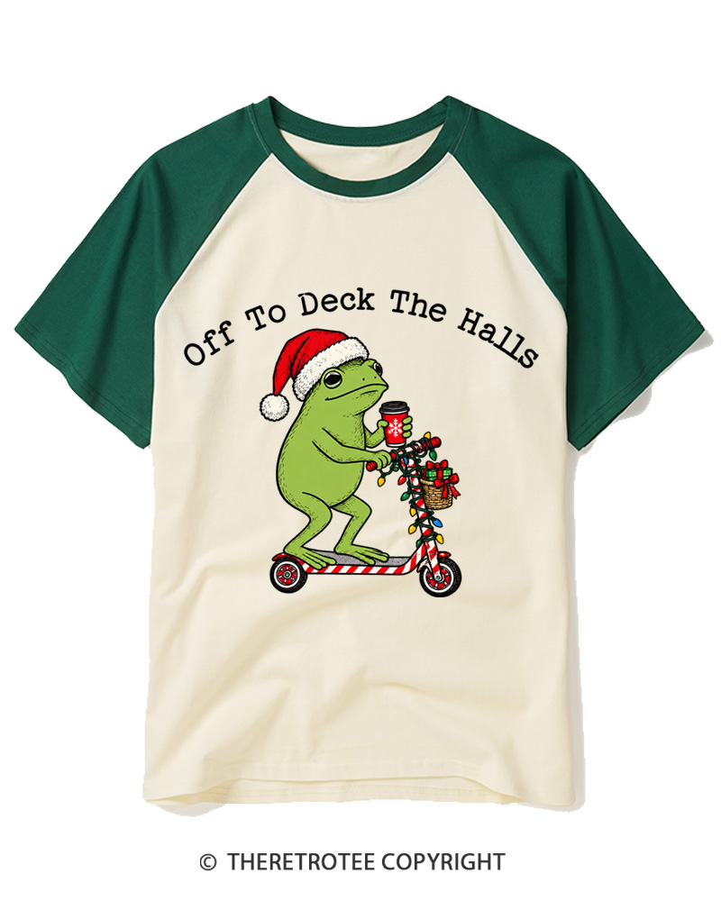 TheRetroTee Off to Deck the Halls Christmas Frog Raglan Baseball T-Shirt