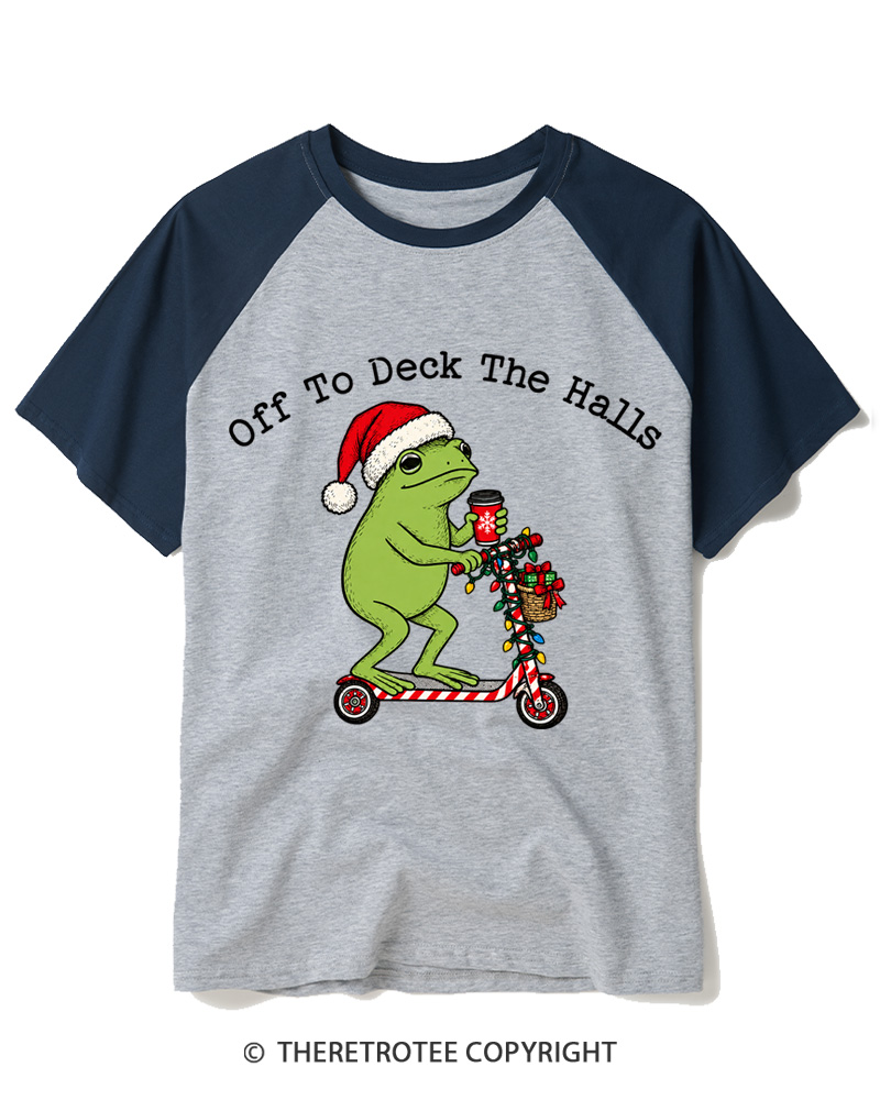 TheRetroTee Off to Deck the Halls Christmas Frog Raglan Baseball T-Shirt