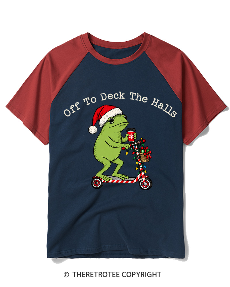 TheRetroTee Off to Deck the Halls Christmas Frog Raglan Baseball T-Shirt