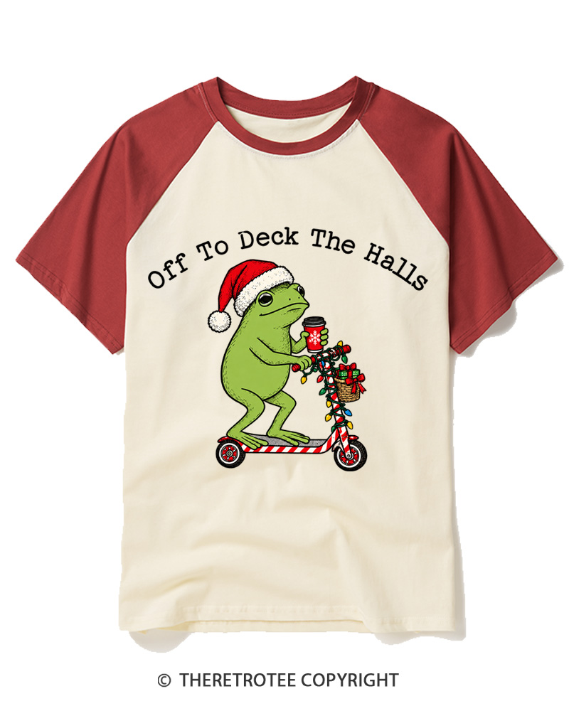 TheRetroTee Off to Deck the Halls Christmas Frog Raglan Baseball T-Shirt