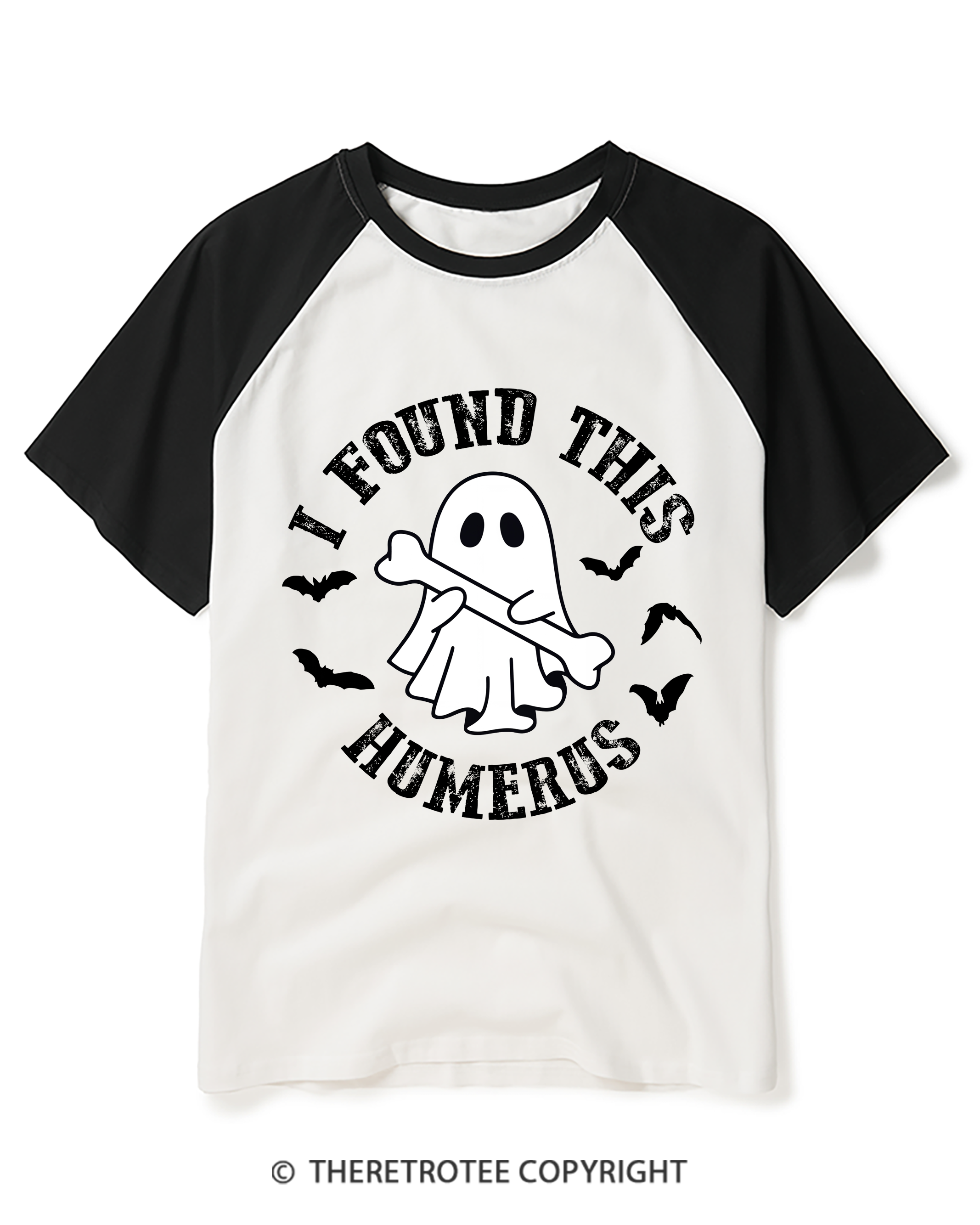 TheRetroTee I Found This Humerus 1990s Halloween Raglan Baseball T-Shirt