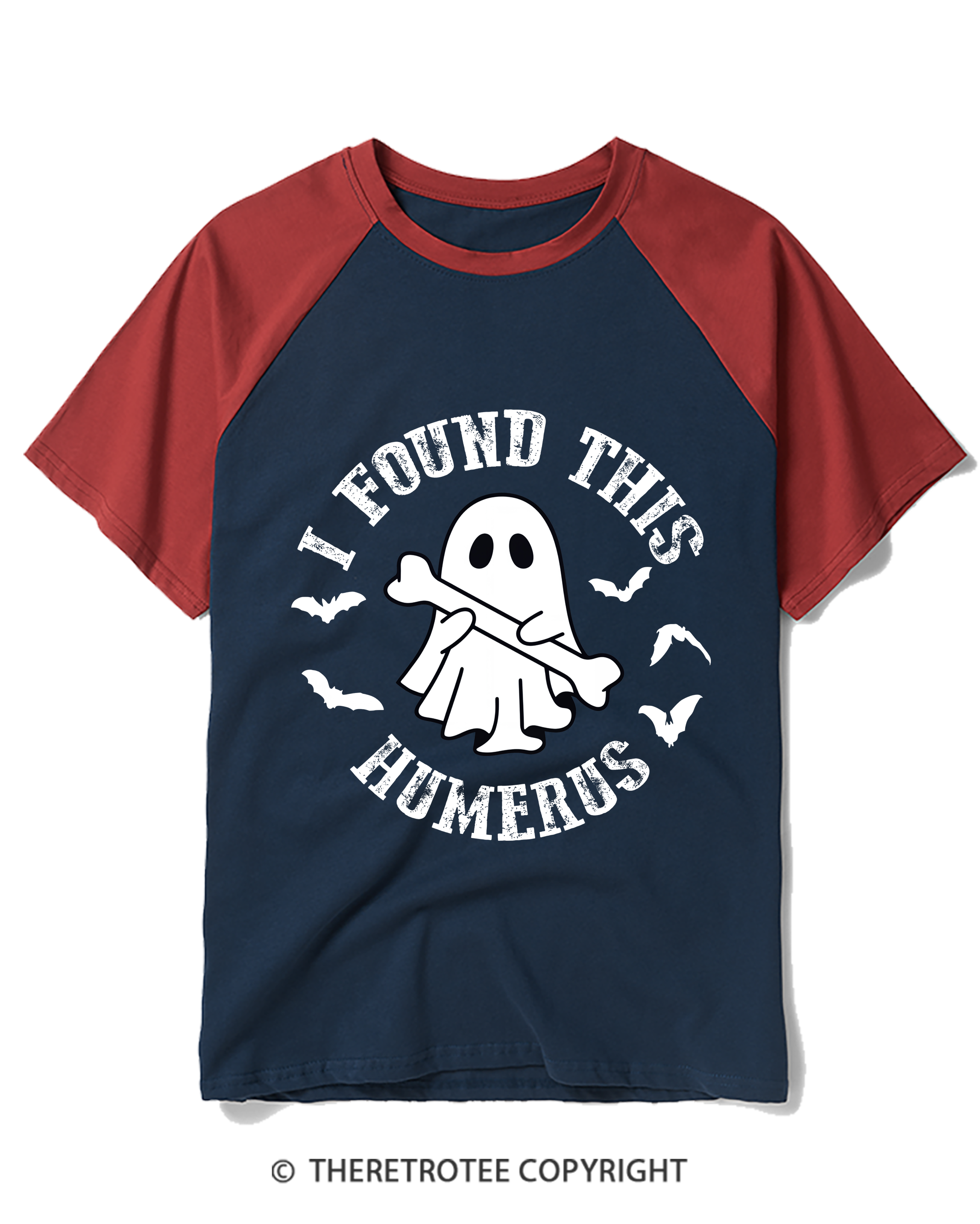 TheRetroTee I Found This Humerus 1990s Halloween Raglan Baseball T-Shirt