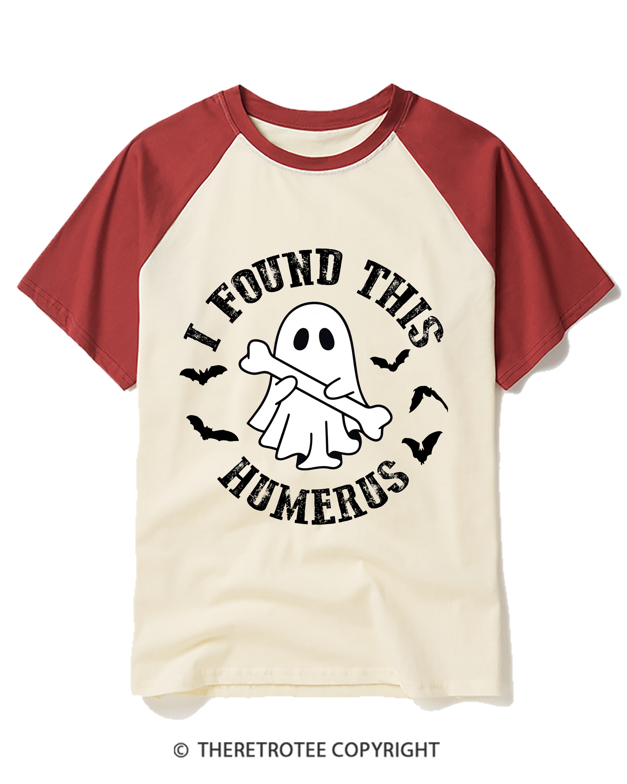 TheRetroTee I Found This Humerus 1990s Halloween Raglan Baseball T-Shirt