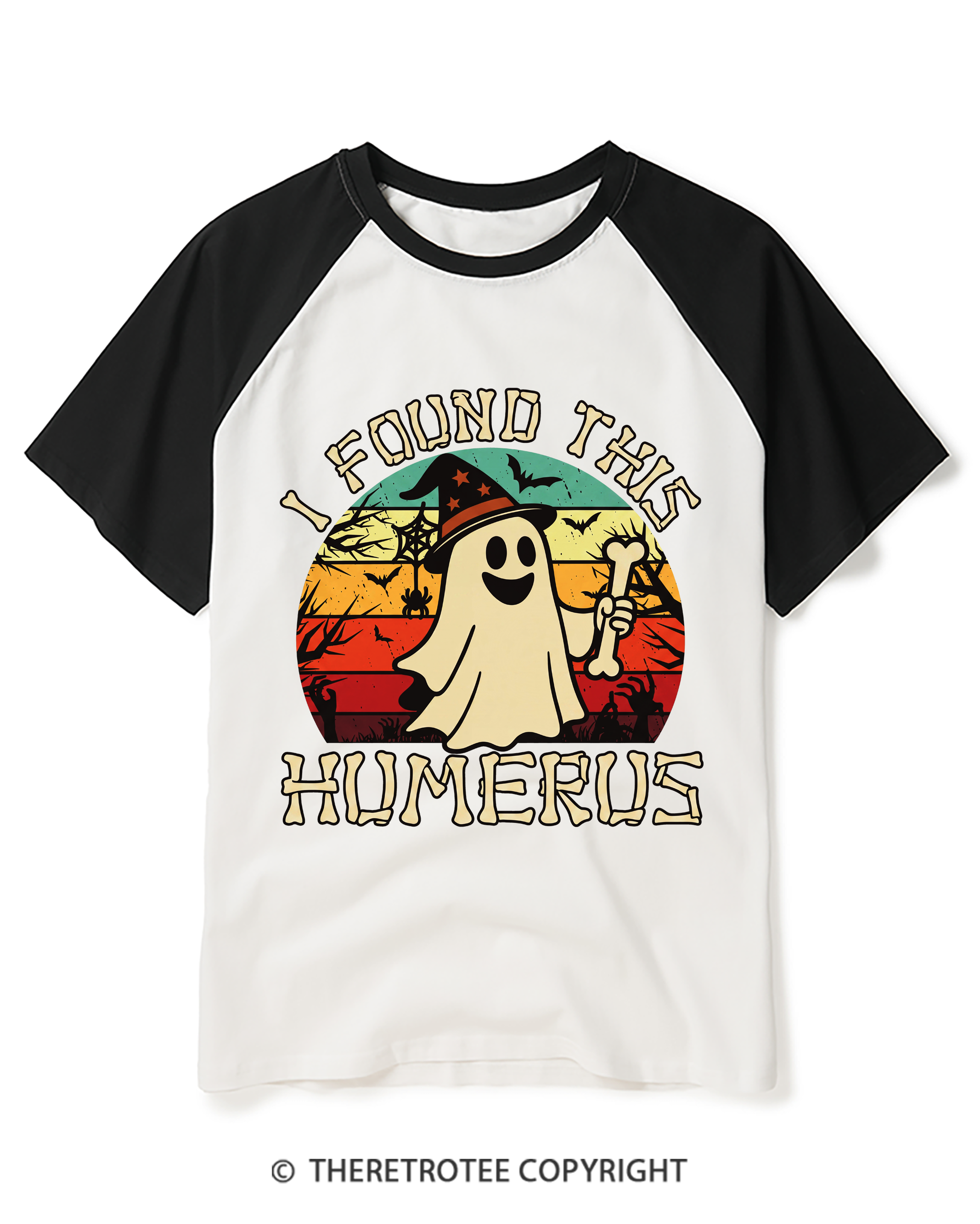 TheRetroTee I Found This Humerus 1970s Halloween Raglan Baseball T-Shirt