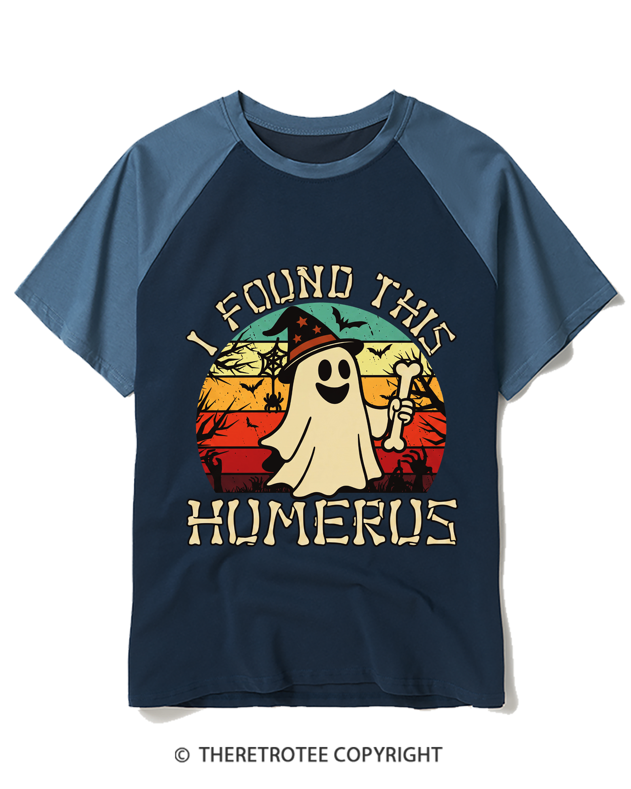 TheRetroTee I Found This Humerus 1970s Halloween Raglan Baseball T-Shirt