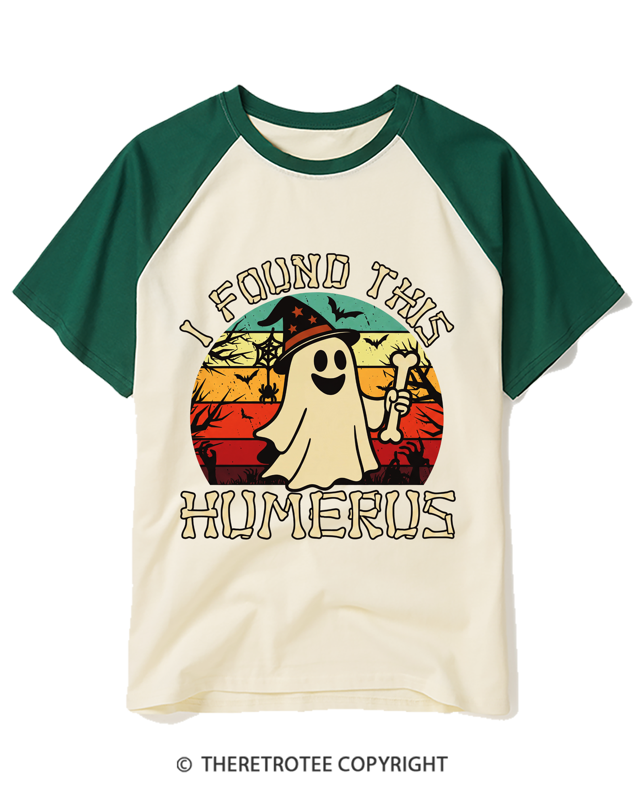 TheRetroTee I Found This Humerus 1970s Halloween Raglan Baseball T-Shirt