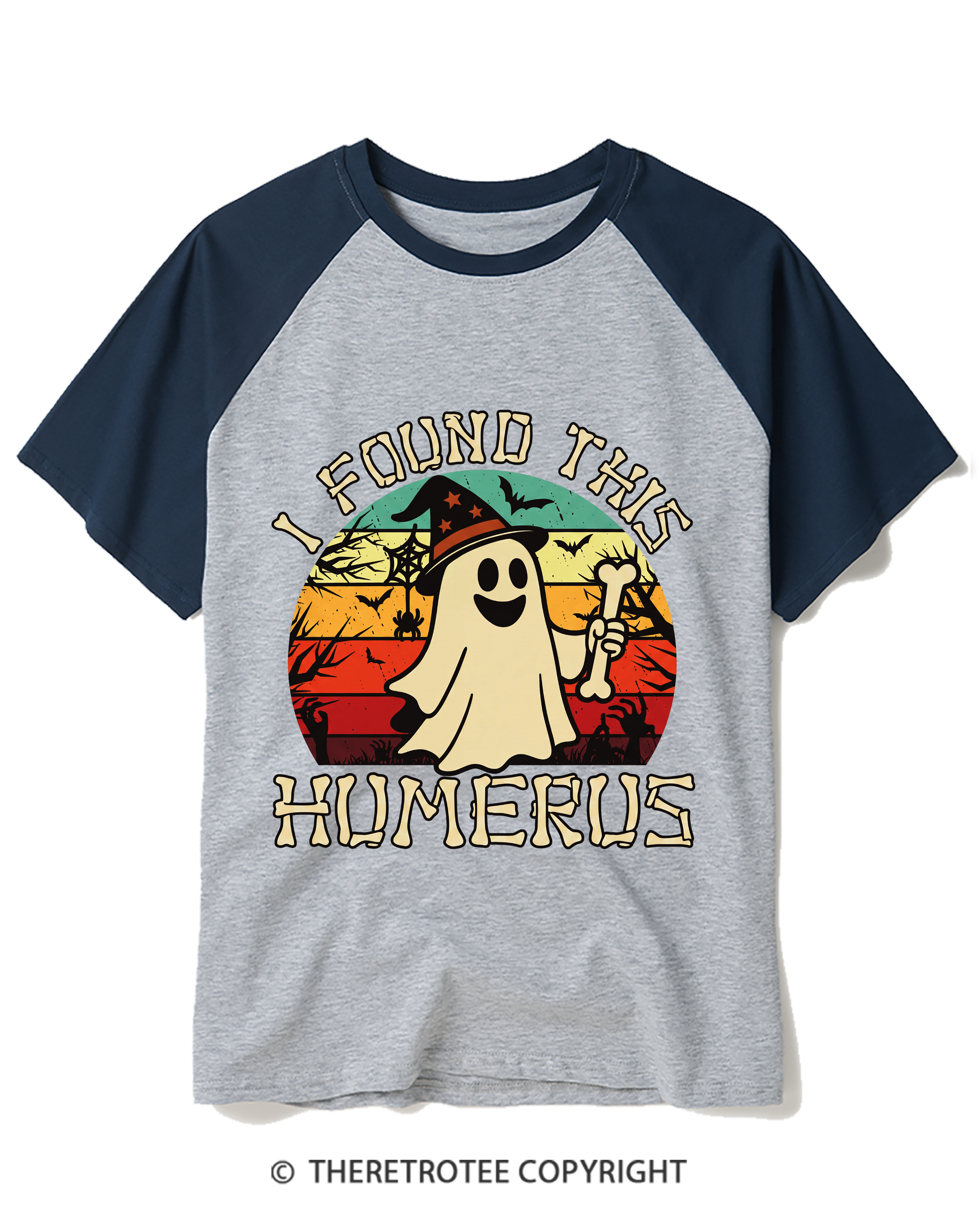 TheRetroTee I Found This Humerus 1970s Halloween Raglan Baseball T-Shirt