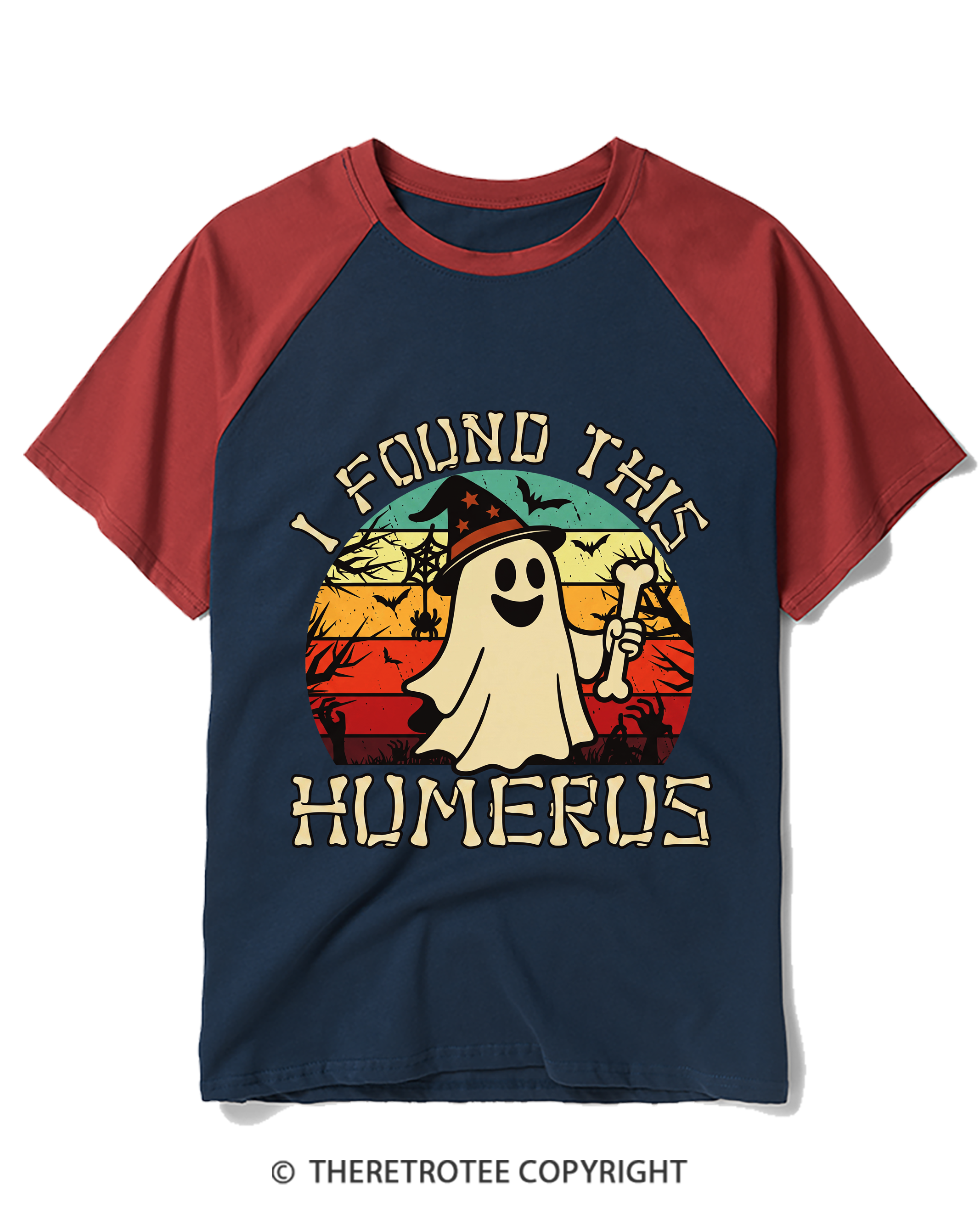TheRetroTee I Found This Humerus 1970s Halloween Raglan Baseball T-Shirt