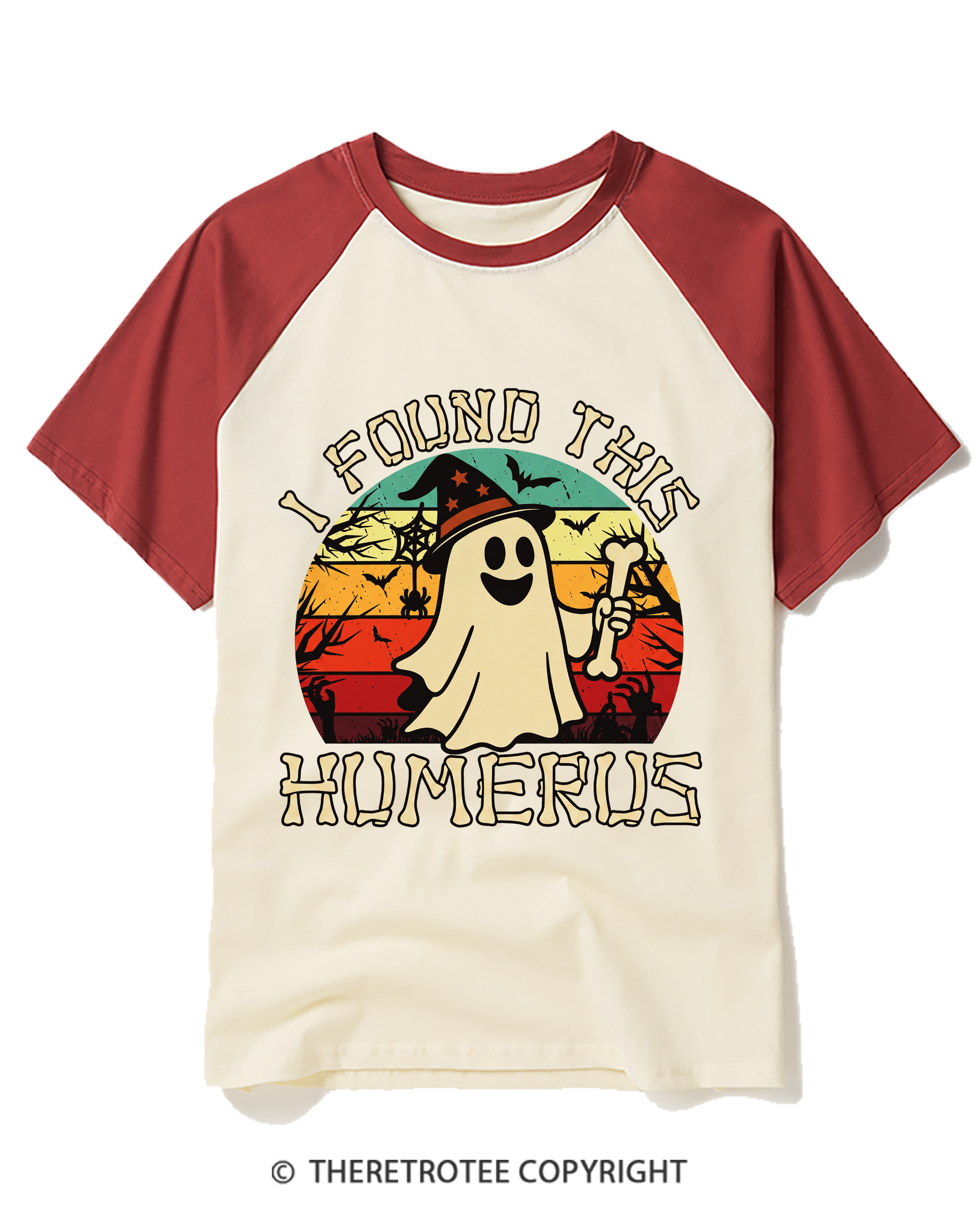 TheRetroTee I Found This Humerus 1970s Halloween Raglan Baseball T-Shirt