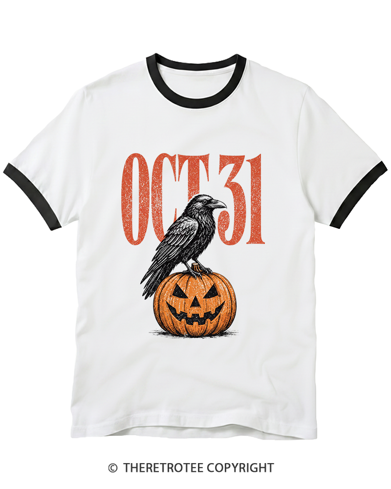 TheRetroTee Halloween Crow Pumpkin October 31 Ringer T-Shirt