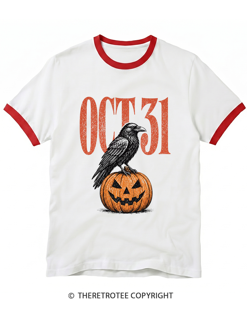TheRetroTee Halloween Crow Pumpkin October 31 Ringer T-Shirt