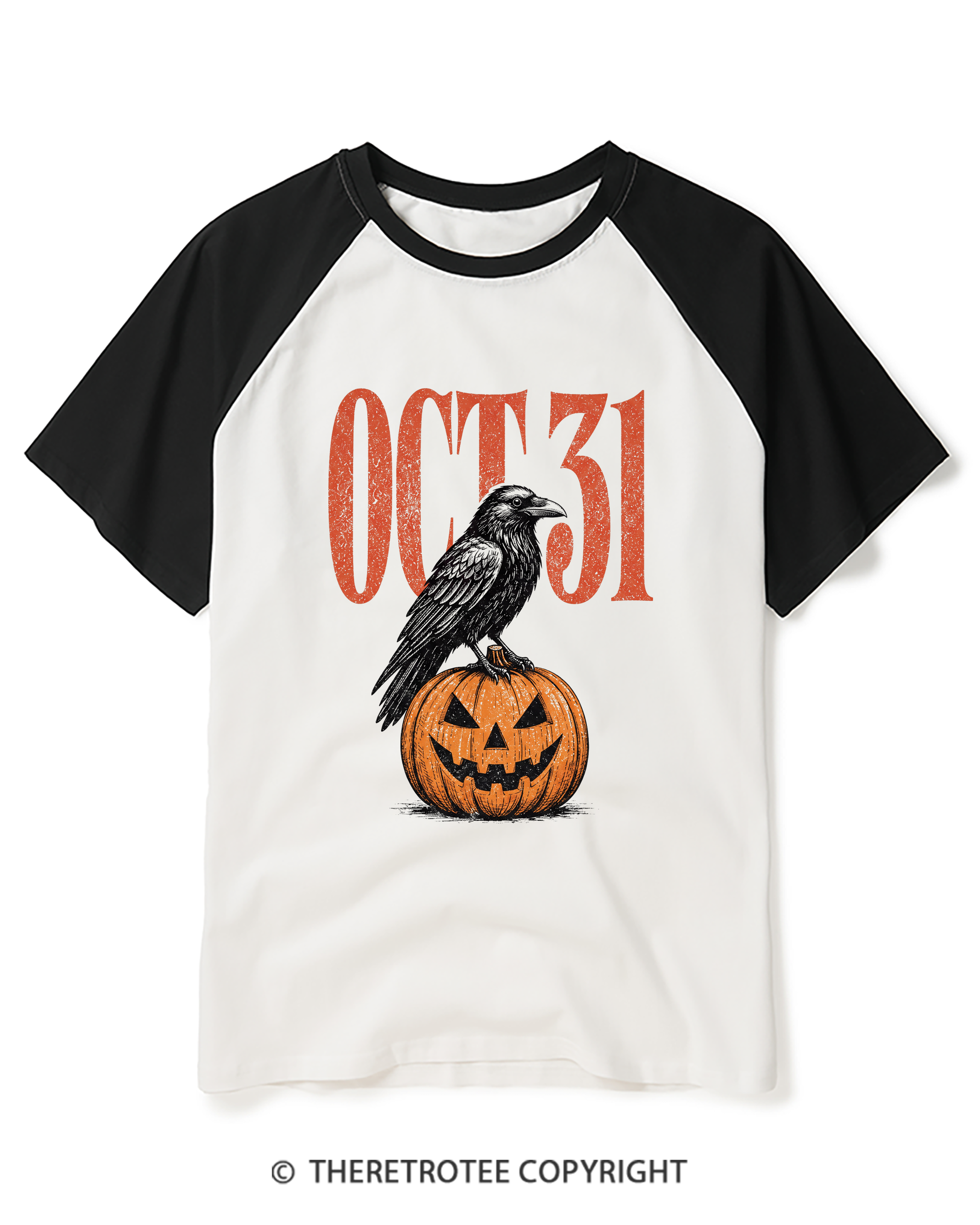 TheRetroTee Halloween Crow Pumpkin October 31 Raglan Baseball T-Shirt