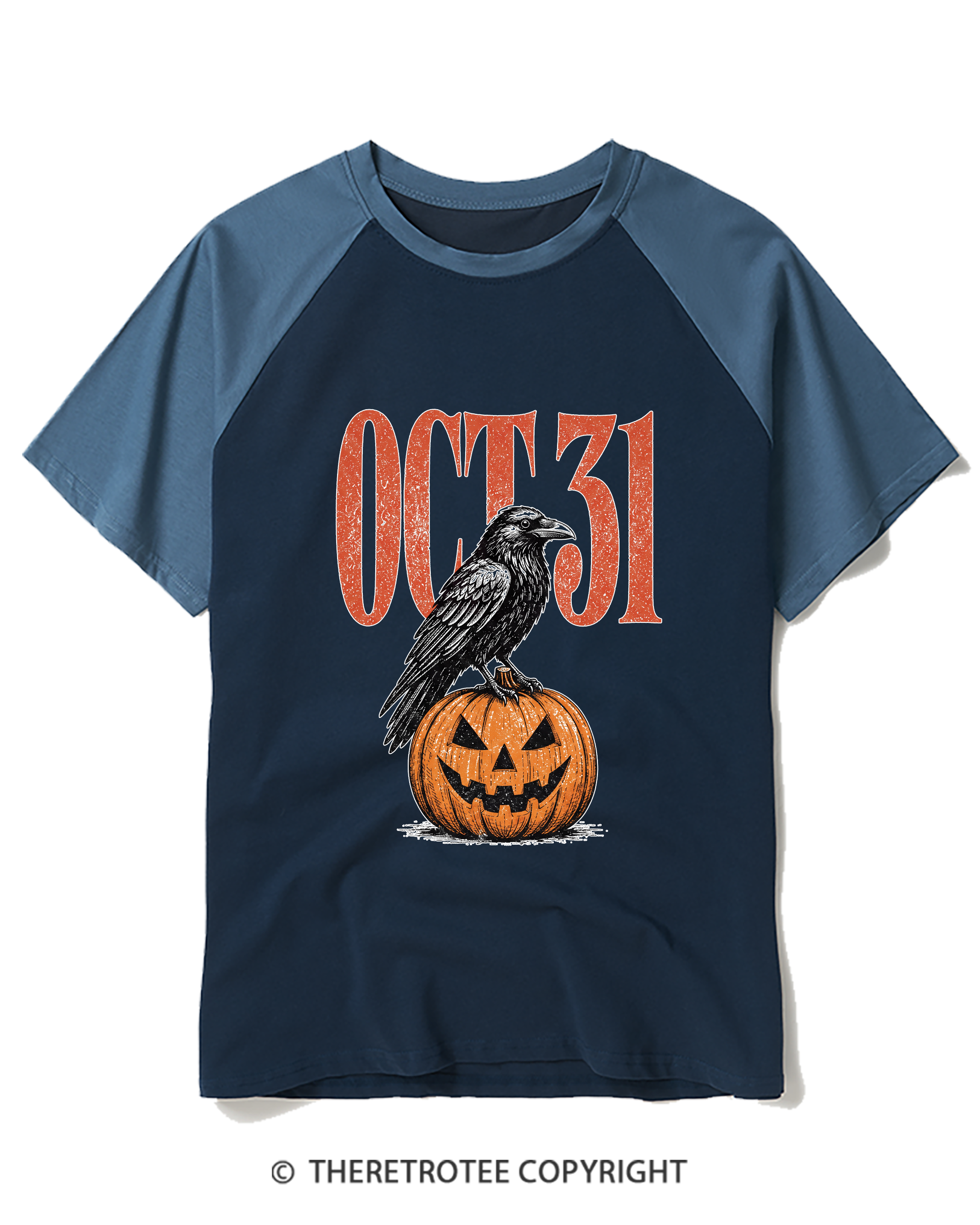TheRetroTee Halloween Crow Pumpkin October 31 Raglan Baseball T-Shirt