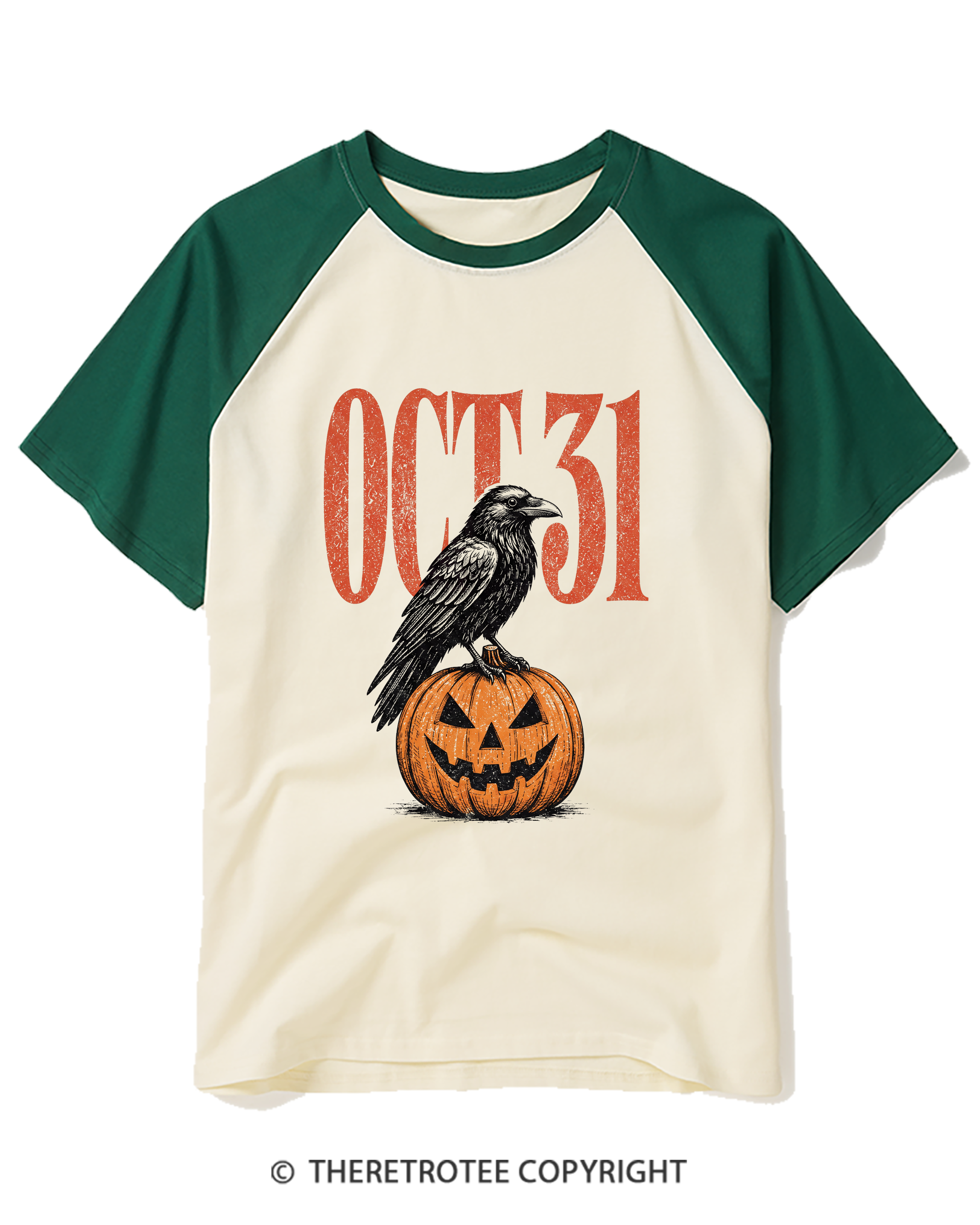 TheRetroTee Halloween Crow Pumpkin October 31 Raglan Baseball T-Shirt