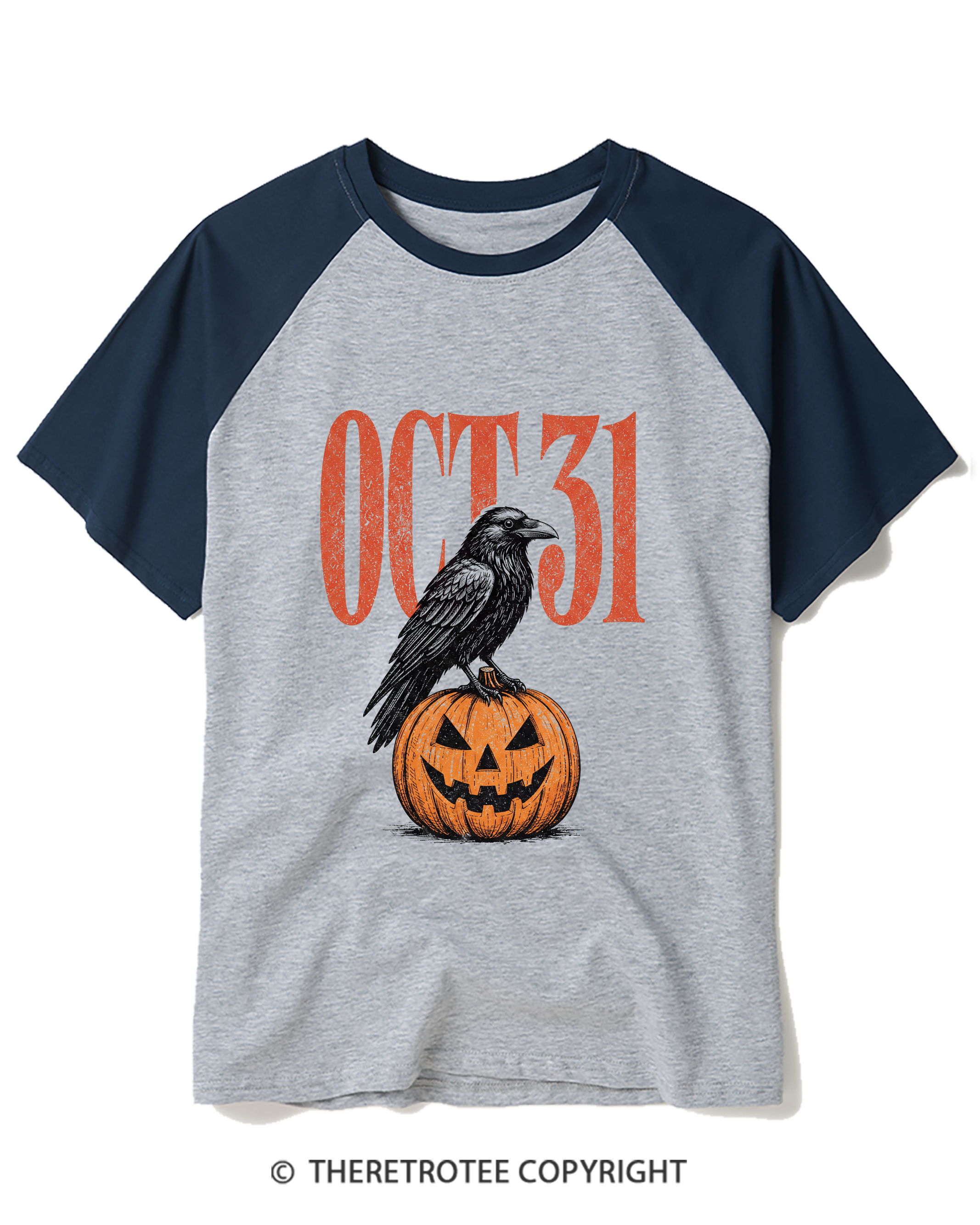 TheRetroTee Halloween Crow Pumpkin October 31 Raglan Baseball T-Shirt