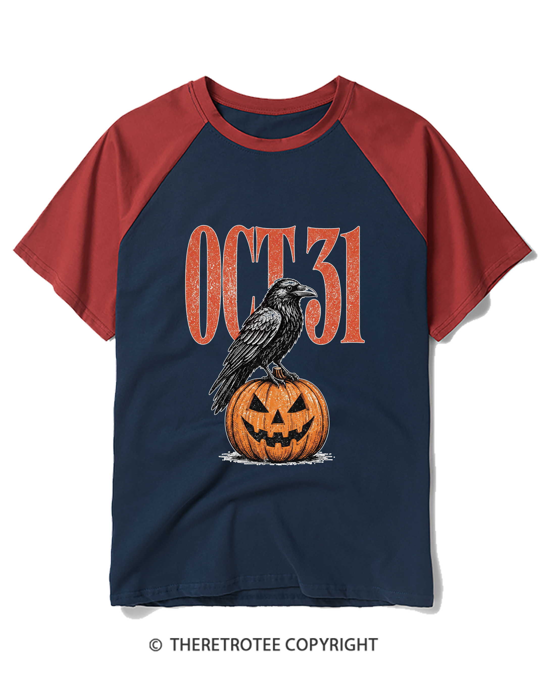 TheRetroTee Halloween Crow Pumpkin October 31 Raglan Baseball T-Shirt