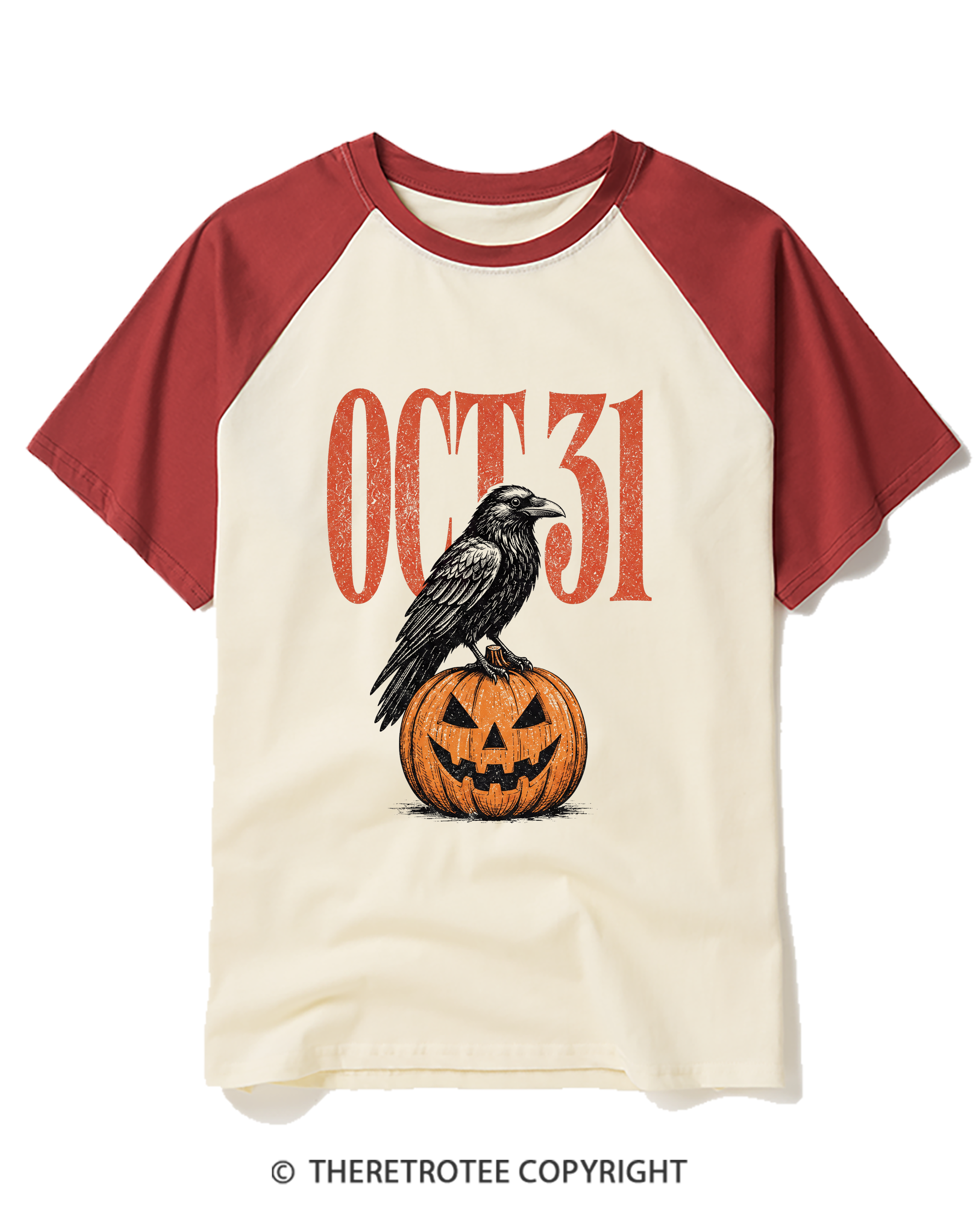 TheRetroTee Halloween Crow Pumpkin October 31 Raglan Baseball T-Shirt
