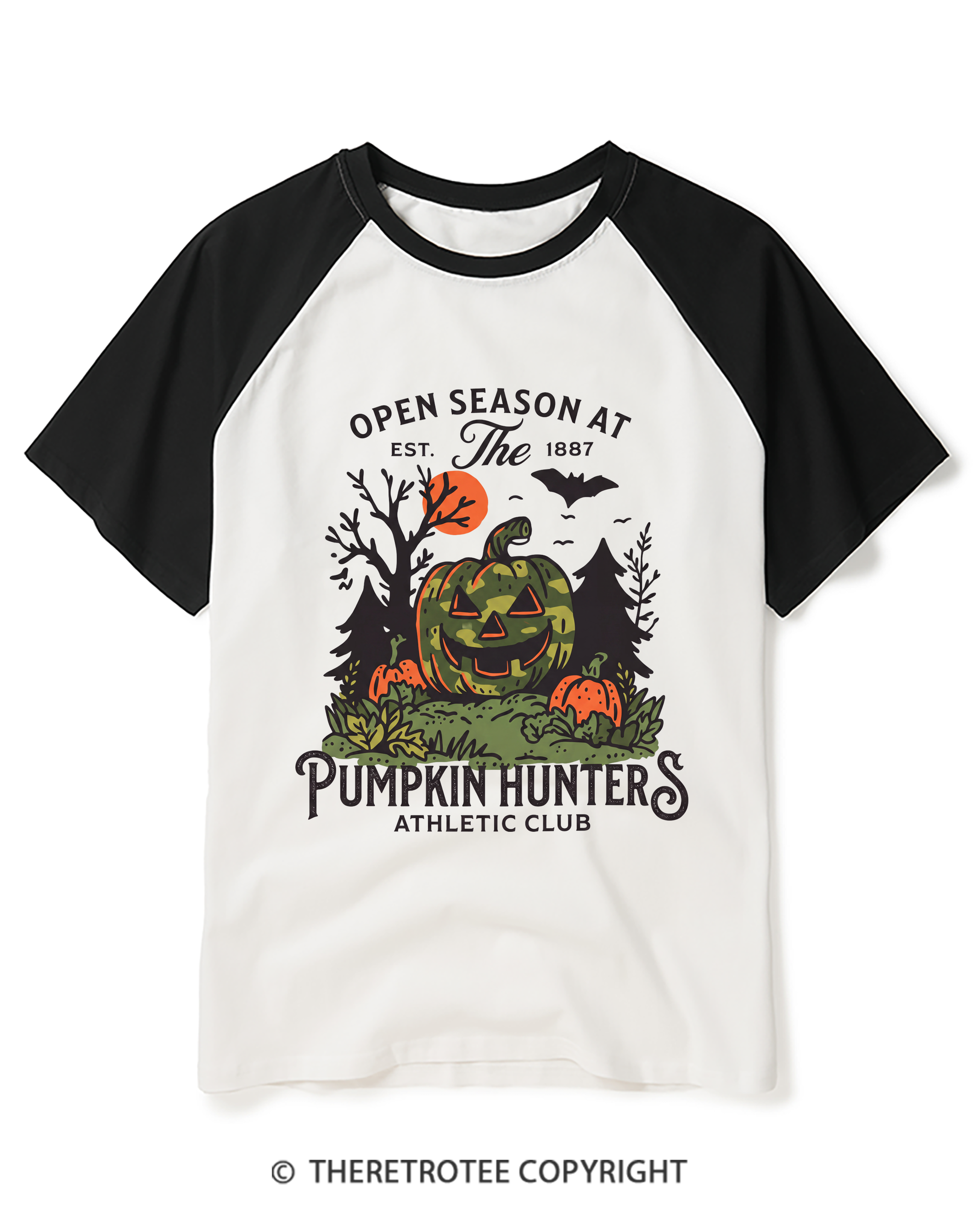 TheRetroTee Pumpkin Hunters Jack-O'-Lantern Raglan Baseball T-Shirt