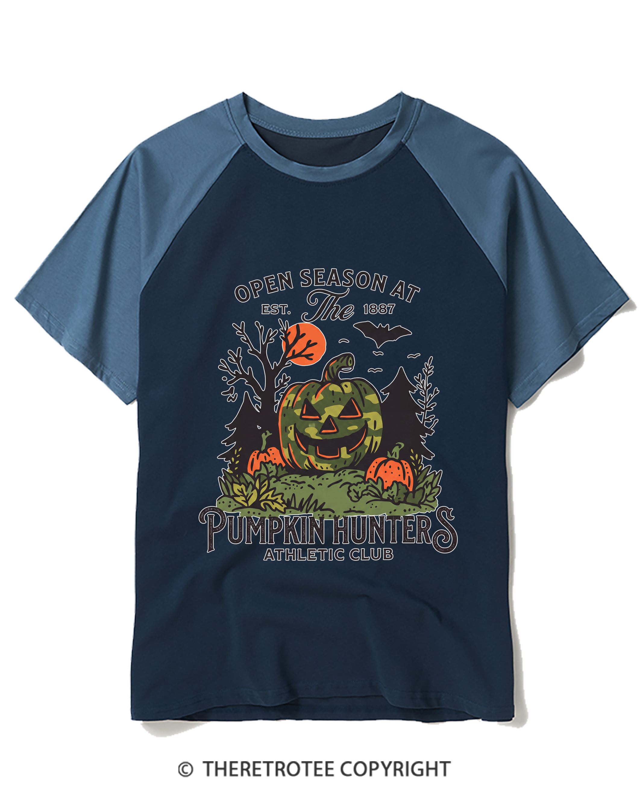TheRetroTee Pumpkin Hunters Jack-O'-Lantern Raglan Baseball T-Shirt