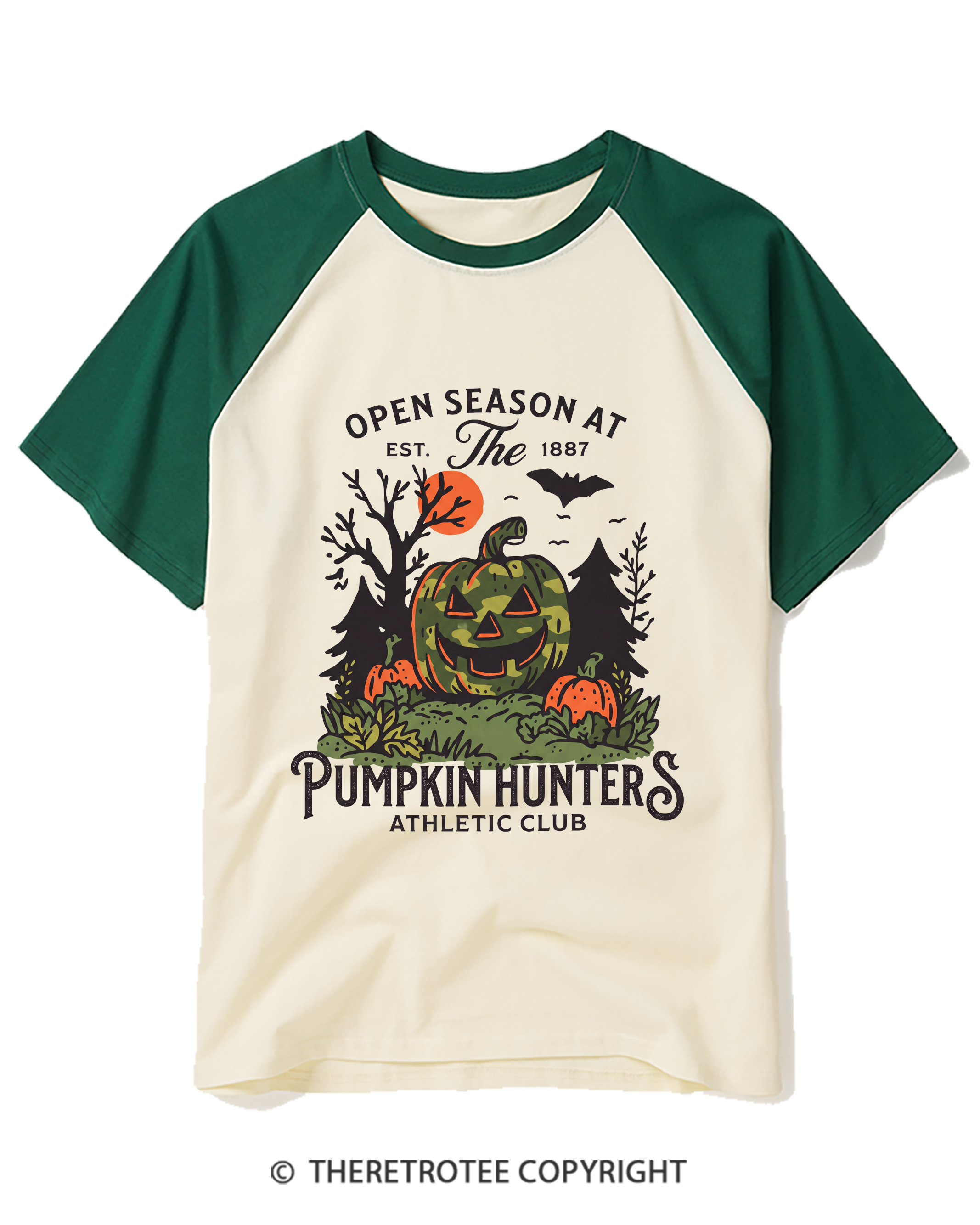 TheRetroTee Pumpkin Hunters Jack-O'-Lantern Raglan Baseball T-Shirt