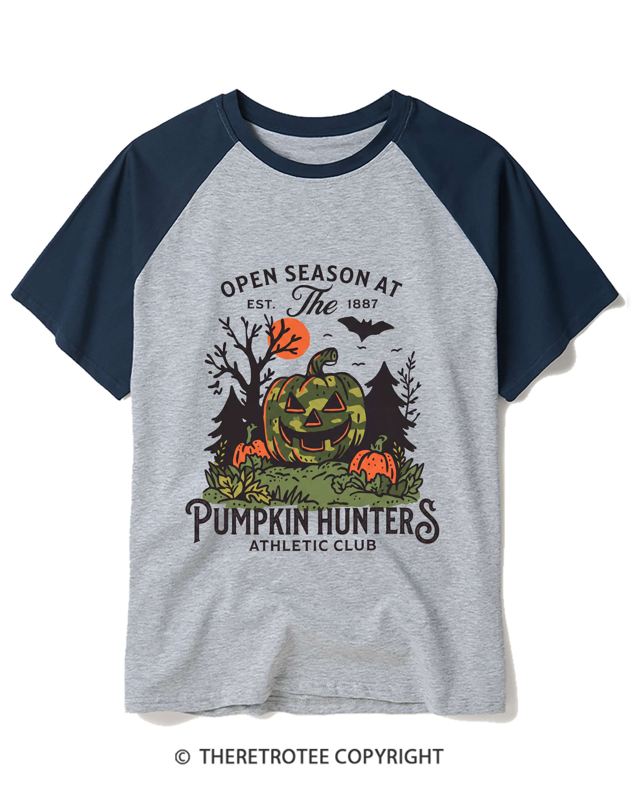 TheRetroTee Pumpkin Hunters Jack-O'-Lantern Raglan Baseball T-Shirt