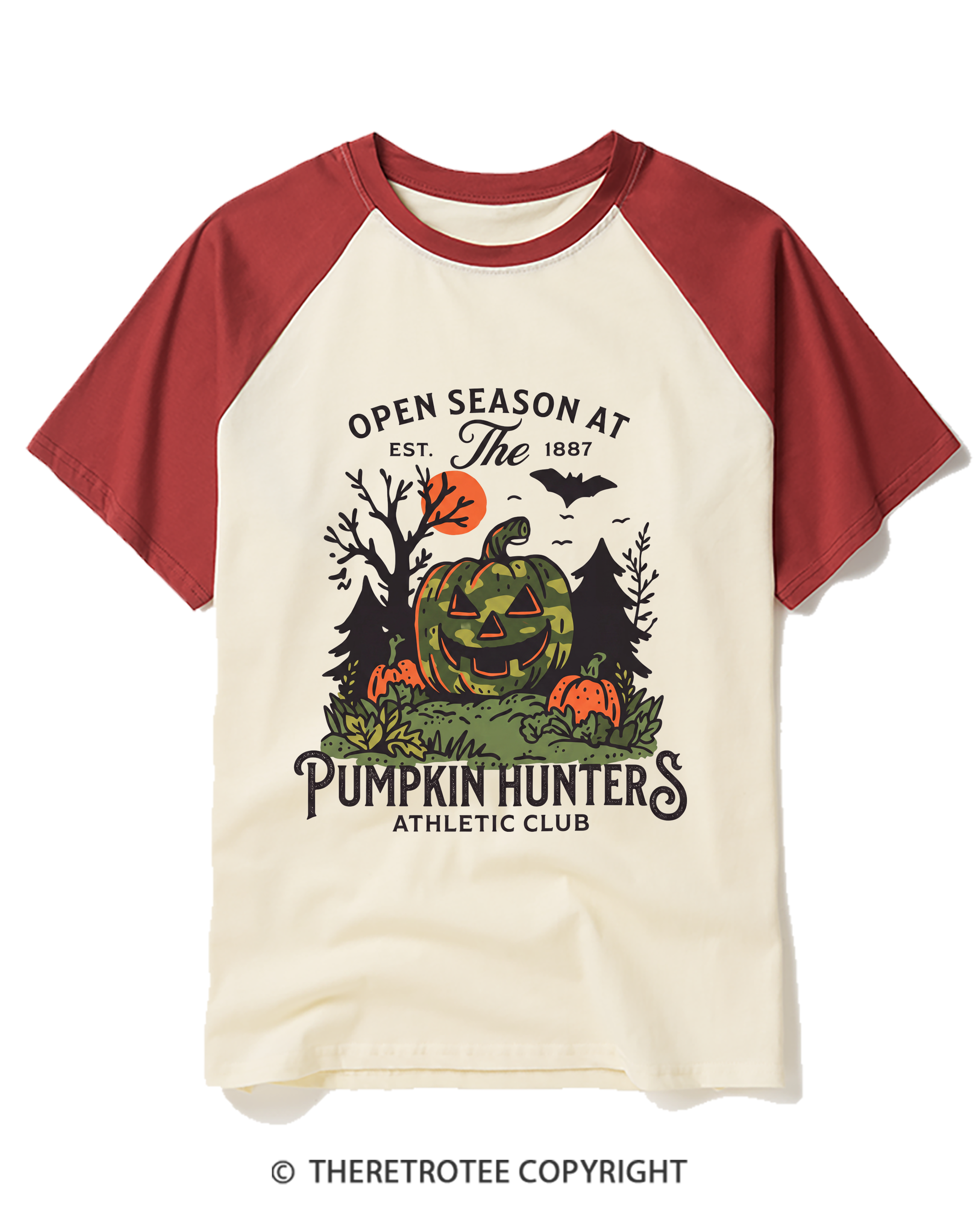 TheRetroTee Pumpkin Hunters Jack-O'-Lantern Raglan Baseball T-Shirt
