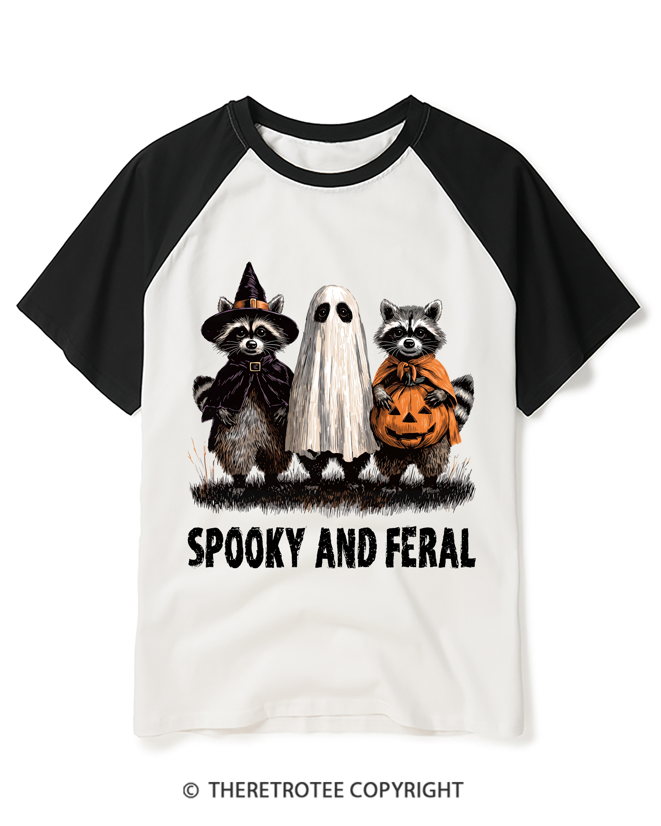 TheRetroTee Spooky And Feral Raccoon Raglan Baseball T-Shirt