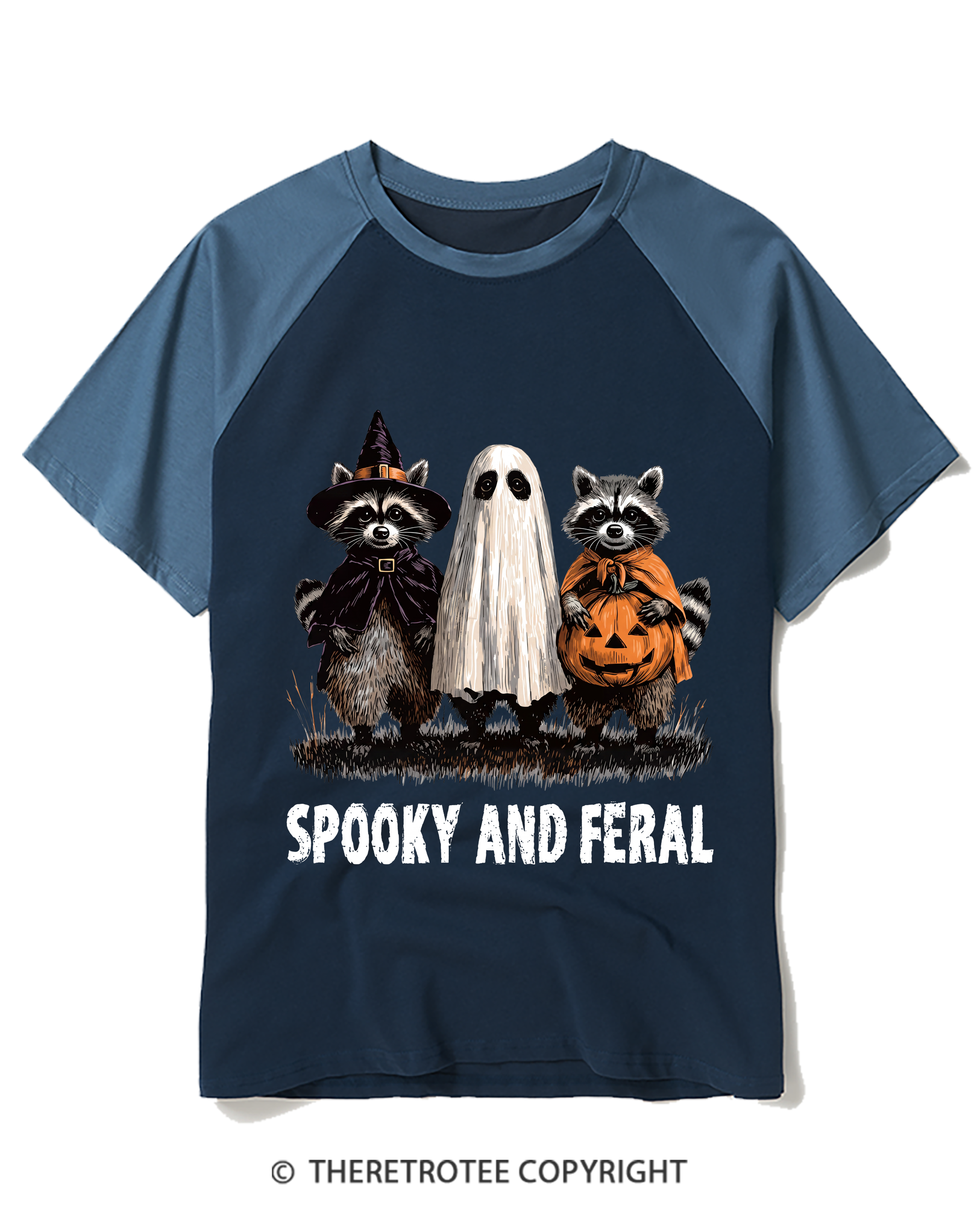 TheRetroTee Spooky And Feral Raccoon Raglan Baseball T-Shirt