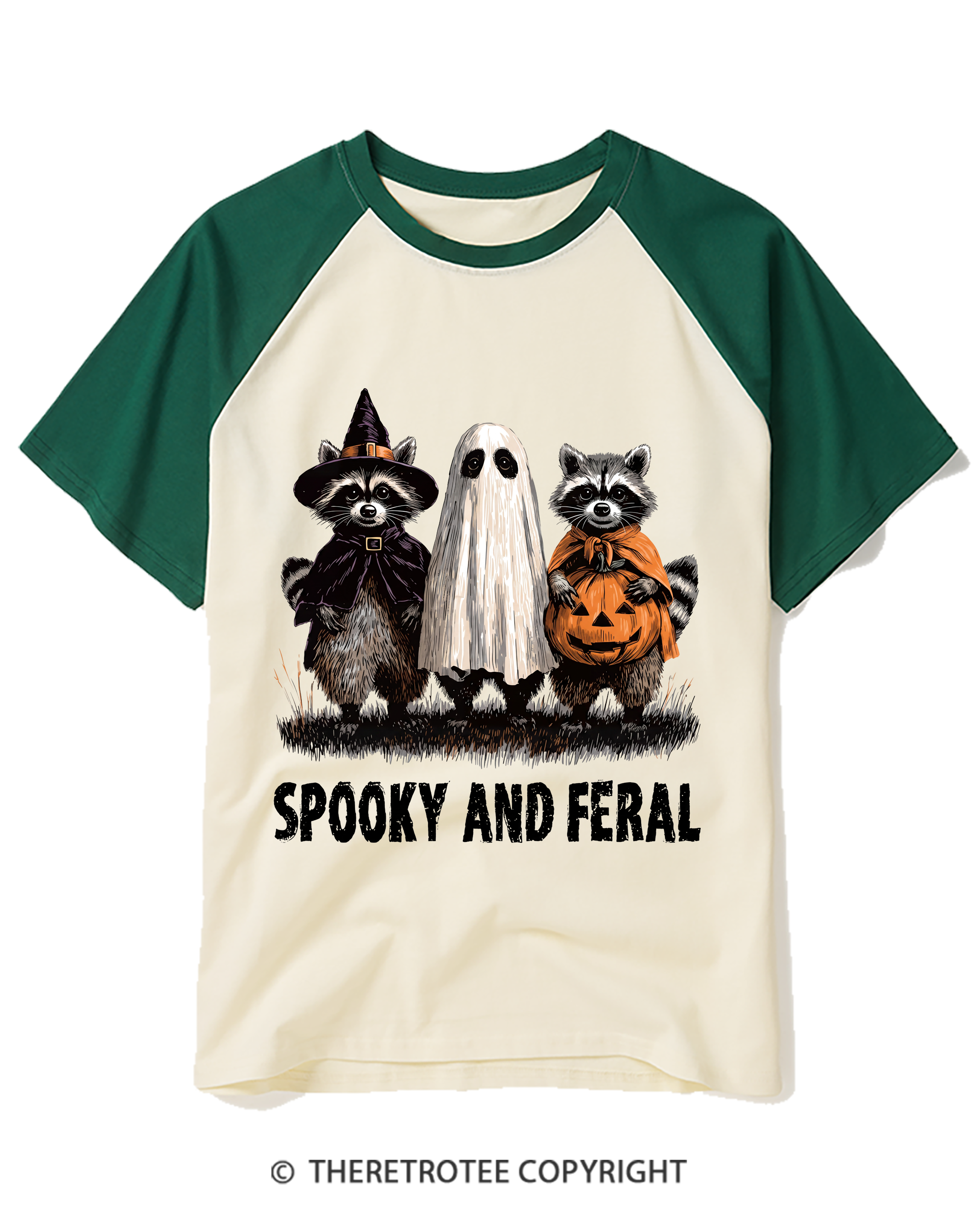 TheRetroTee Spooky And Feral Raccoon Raglan Baseball T-Shirt
