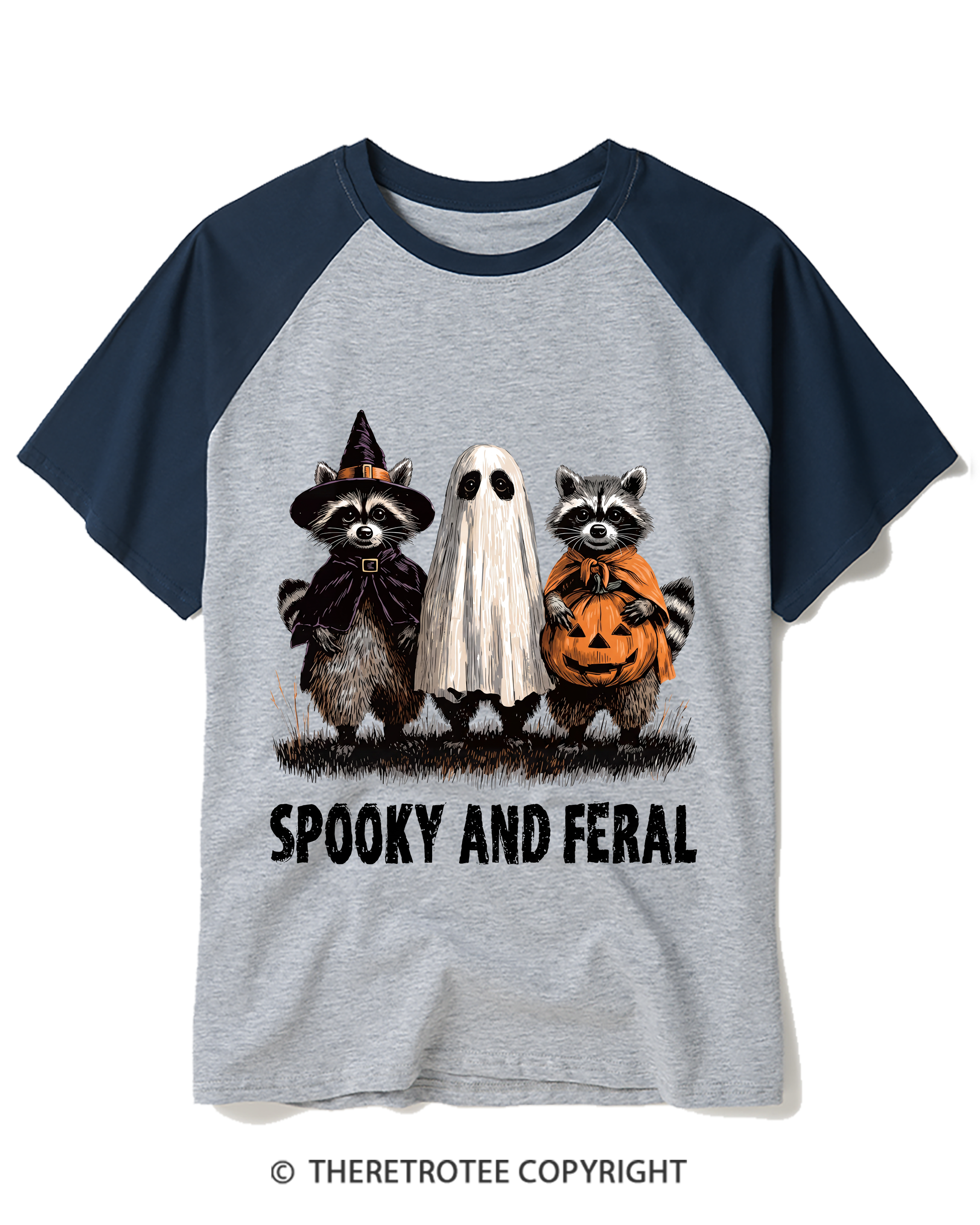 TheRetroTee Spooky And Feral Raccoon Raglan Baseball T-Shirt