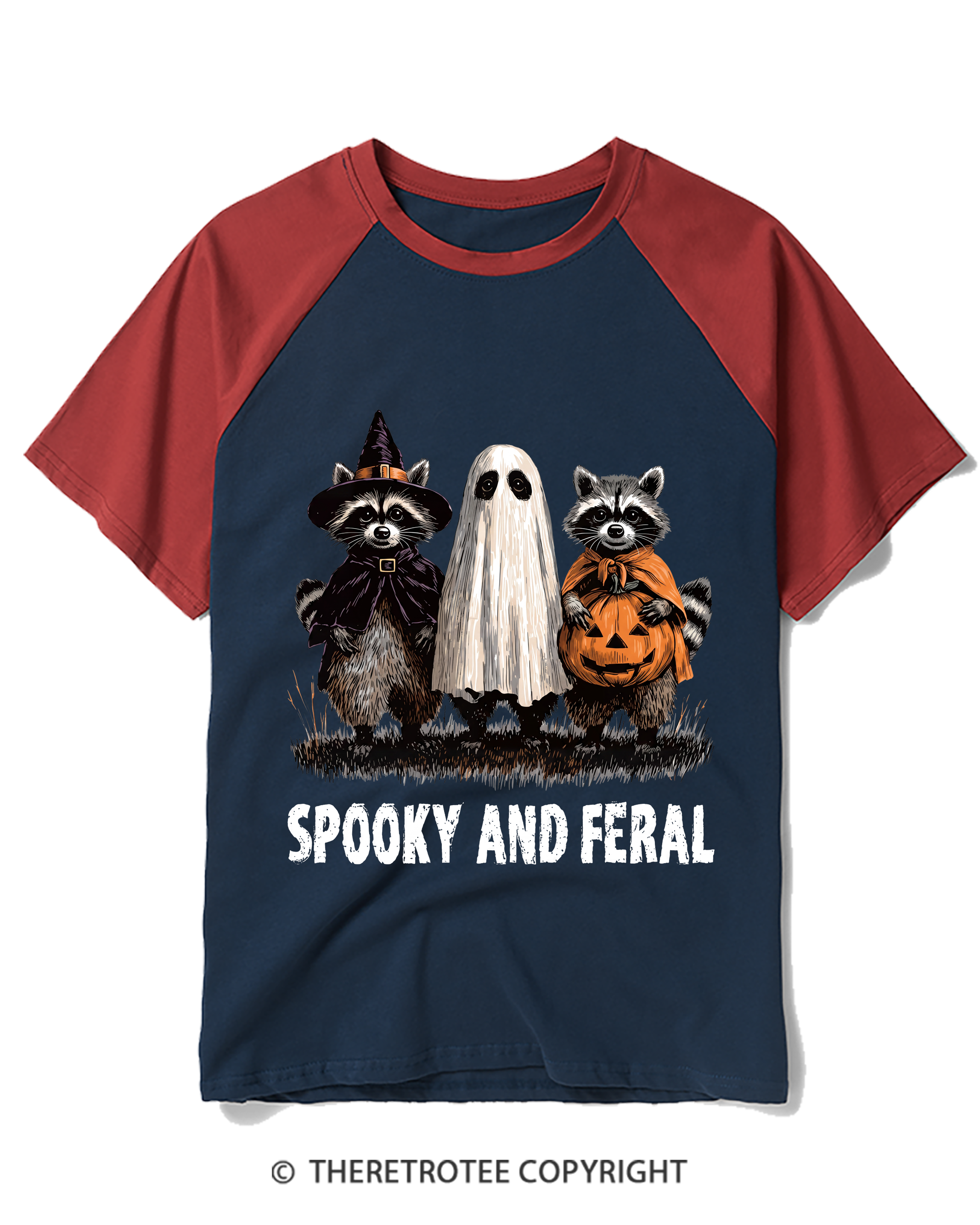 TheRetroTee Spooky And Feral Raccoon Raglan Baseball T-Shirt