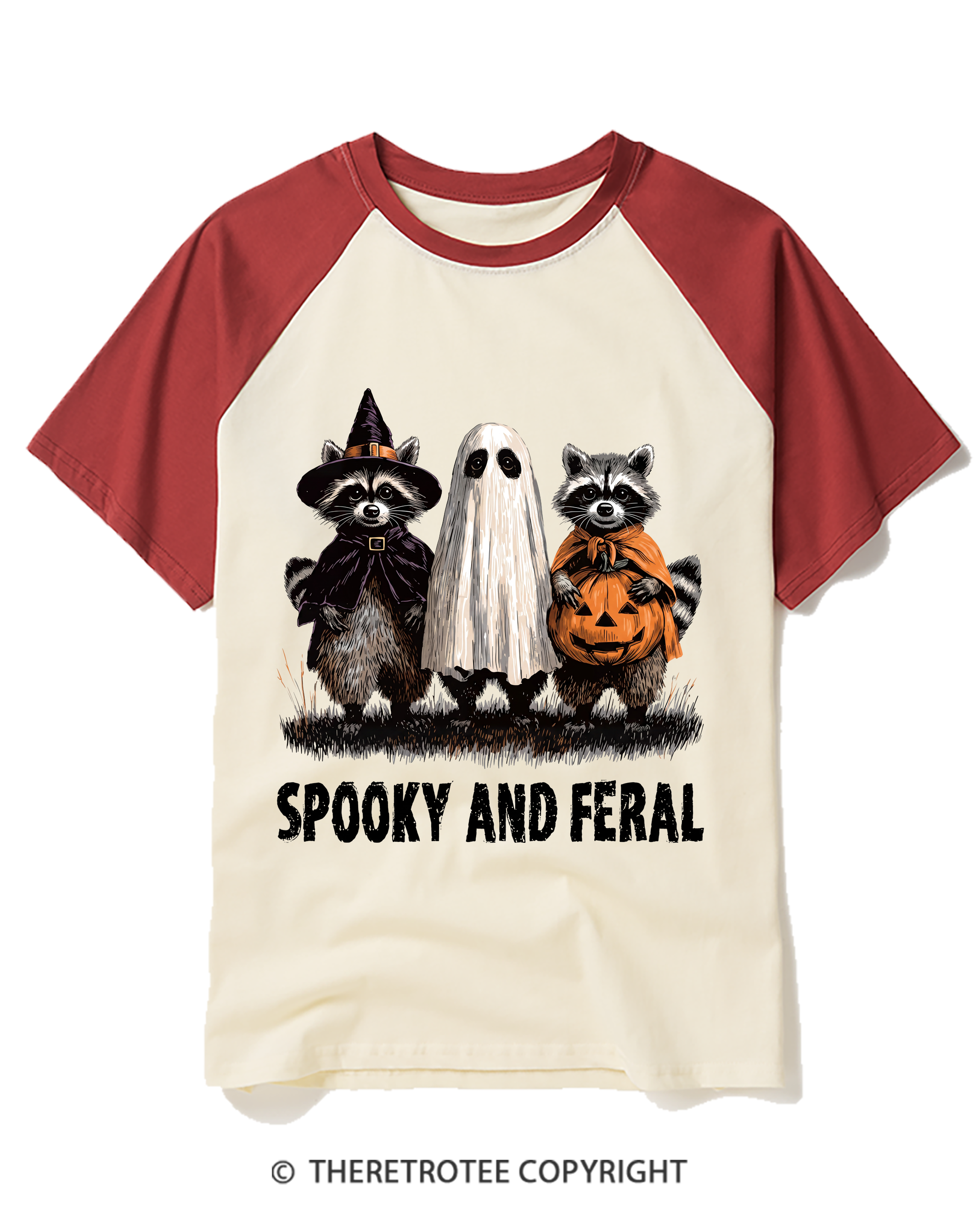 TheRetroTee Spooky And Feral Raccoon Raglan Baseball T-Shirt