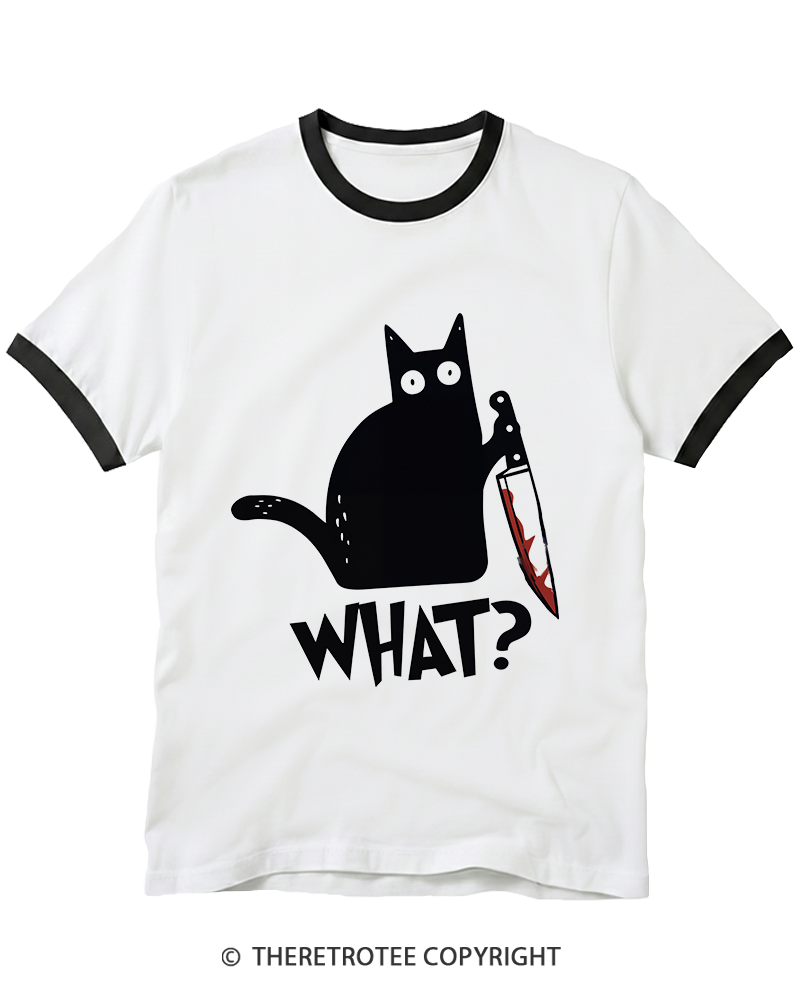 TheRetroTee What Black Cat With Knife Scary Halloween Ringer T-Shirt