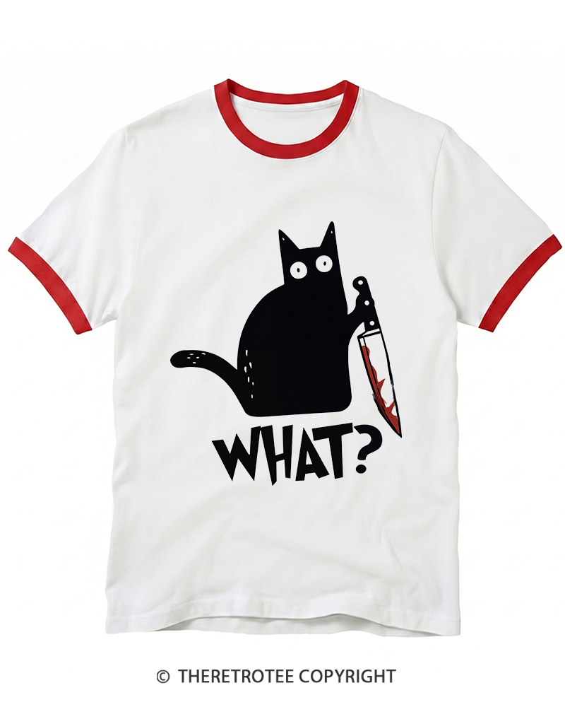 TheRetroTee What Black Cat With Knife Scary Halloween Ringer T-Shirt