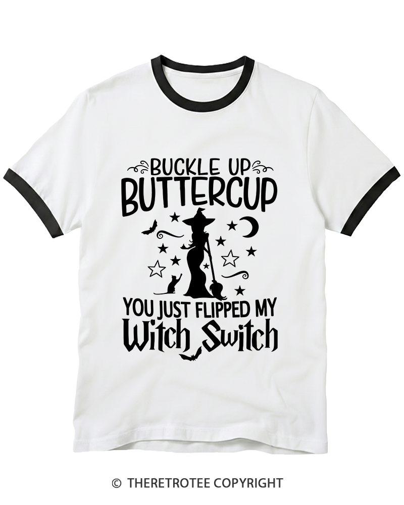 TheRetroTee Buckle Up Buttercup Witch Ringer T-Shirt
