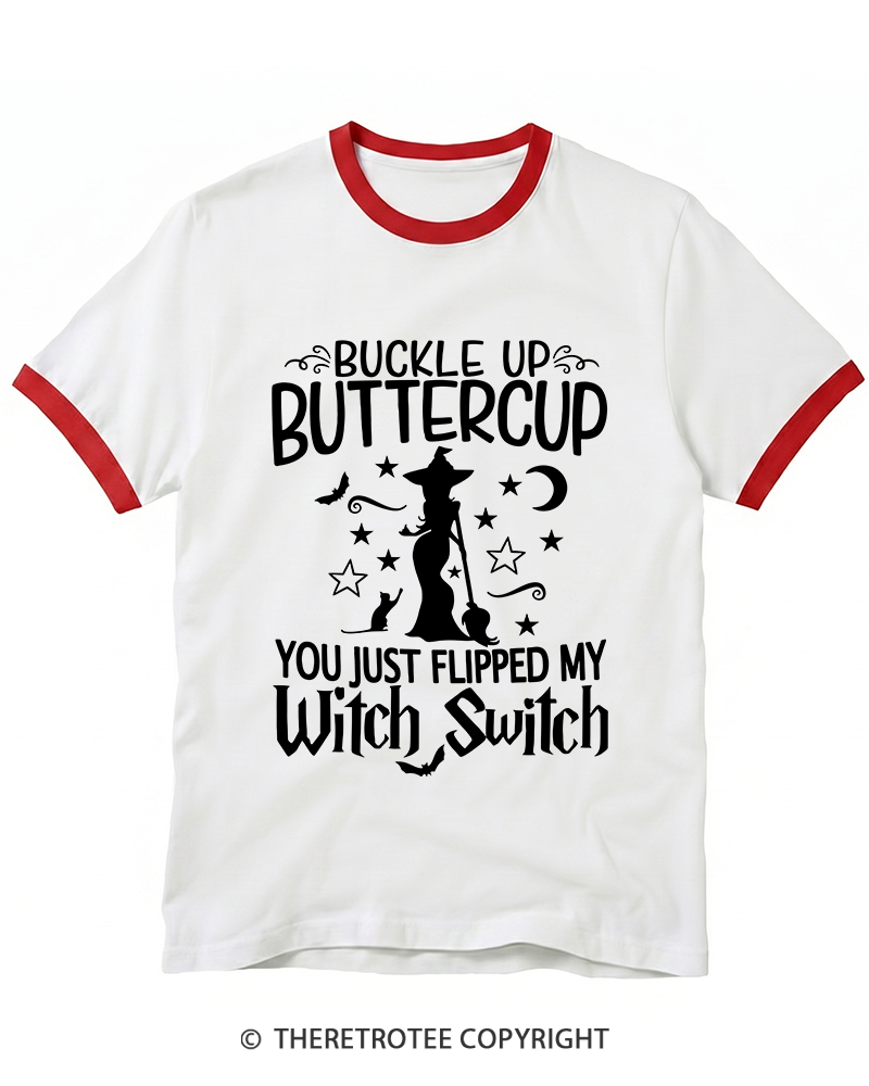 TheRetroTee Buckle Up Buttercup Witch Ringer T-Shirt