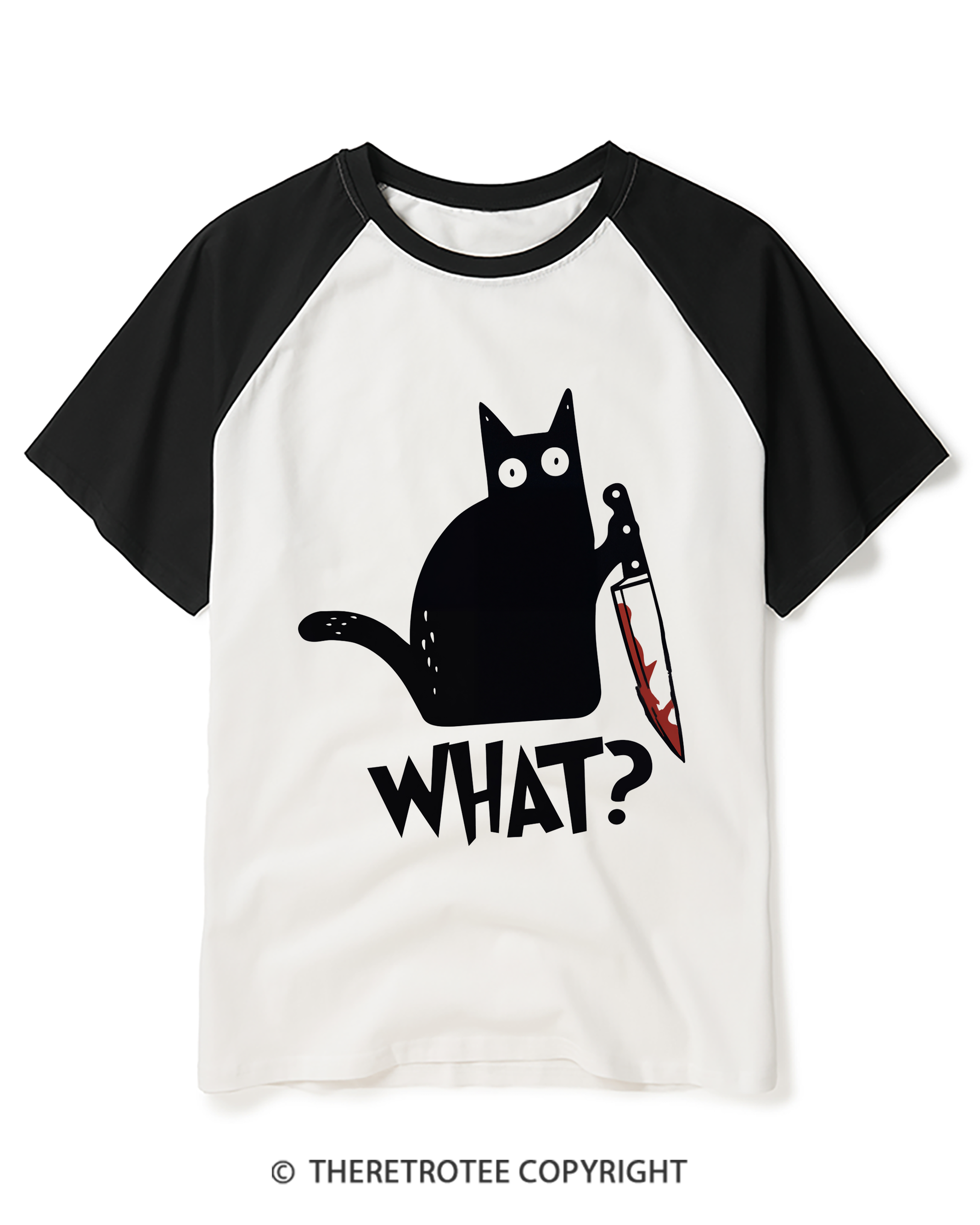 TheRetroTee What Black Cat With Knife Scary Halloween Raglan Baseball T-Shirt