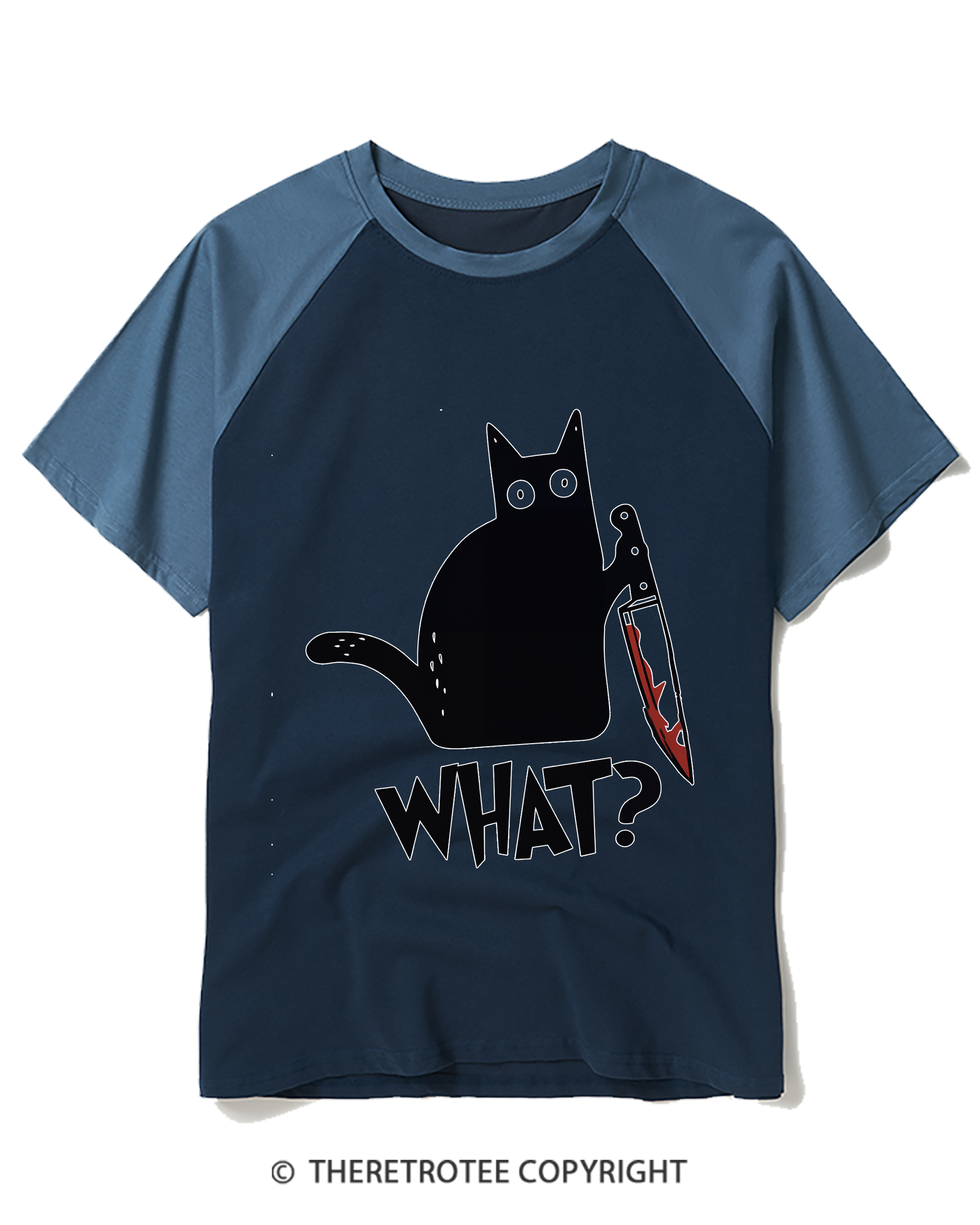 TheRetroTee What Black Cat With Knife Scary Halloween Raglan Baseball T-Shirt